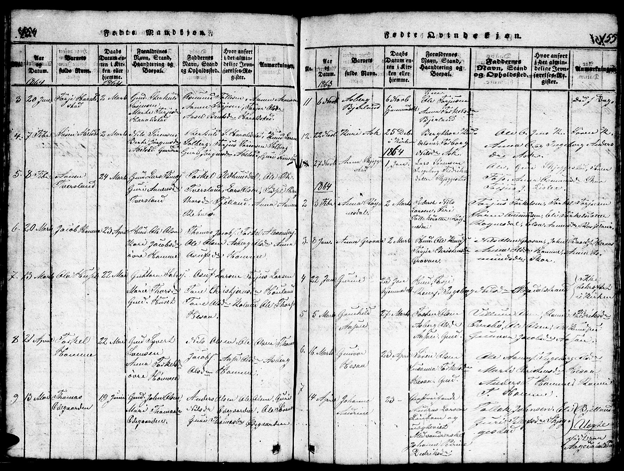 Bjelland sokneprestkontor, AV/SAK-1111-0005/F/Fb/Fba/L0003: Parish register (copy) no. B 3, 1816-1870, p. 154-155