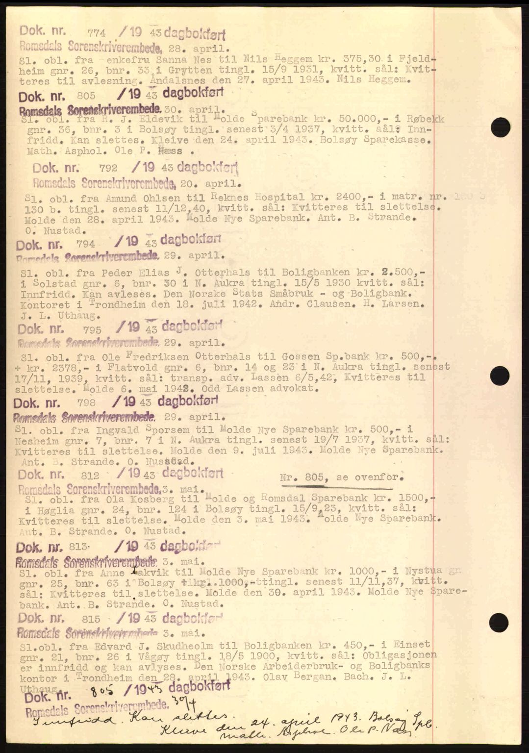 Romsdal sorenskriveri, AV/SAT-A-4149/1/2/2C: Mortgage book no. C1a, 1936-1945, Diary no: : 774/1943