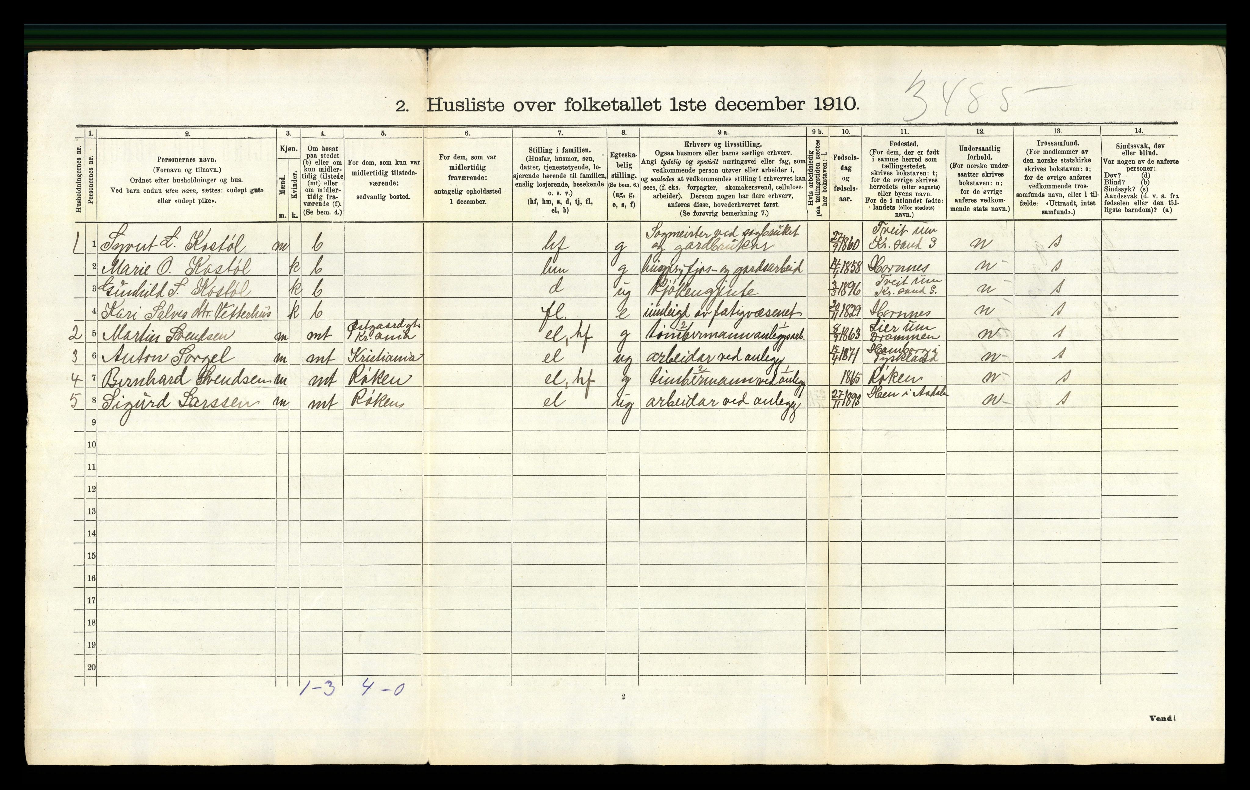 RA, 1910 census for Bygland, 1910, p. 50