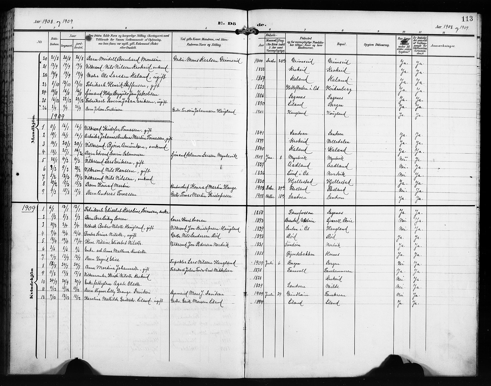 Fana Sokneprestembete, AV/SAB-A-75101/H/Hab/Haba/L0004: Parish register (copy) no. A 4, 1902-1912, p. 113