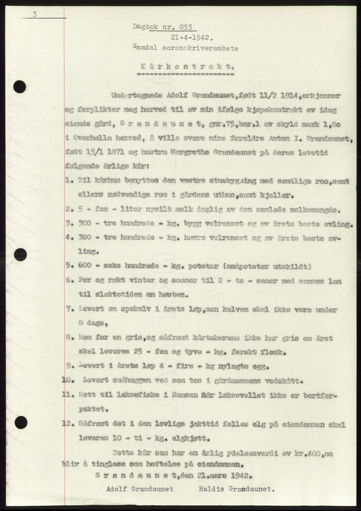 Namdal sorenskriveri, SAT/A-4133/1/2/2C: Mortgage book no. -, 1941-1942, Diary no: : 853/1942