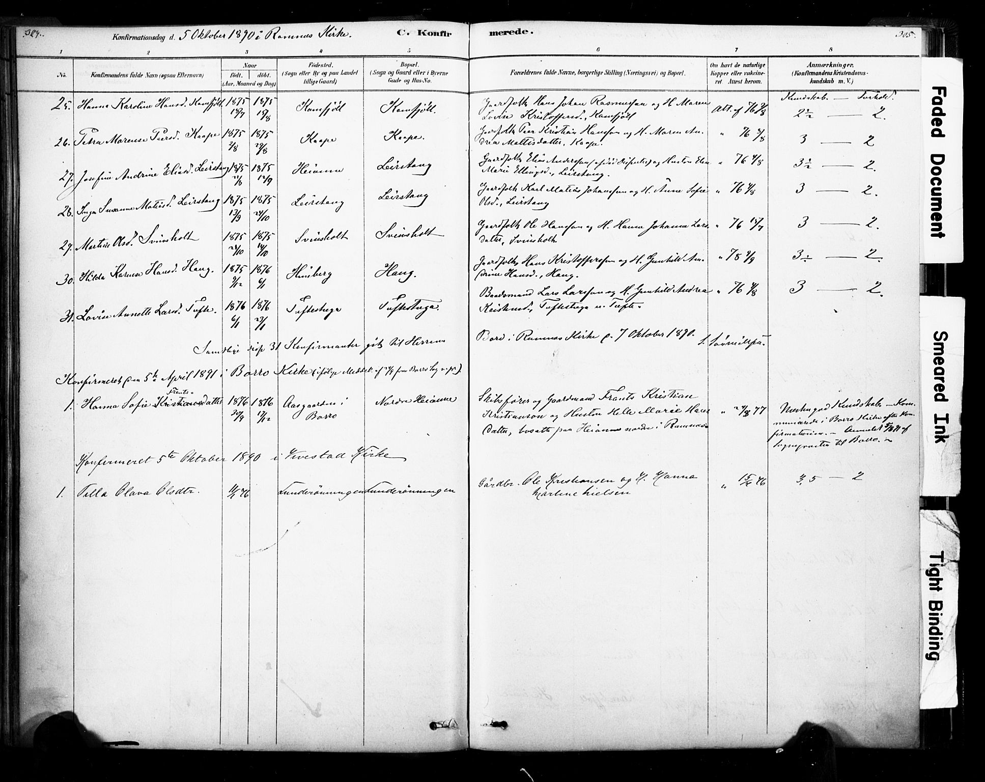 Ramnes kirkebøker, AV/SAKO-A-314/F/Fa/L0007: Parish register (official) no. I 7, 1878-1895, p. 304-305