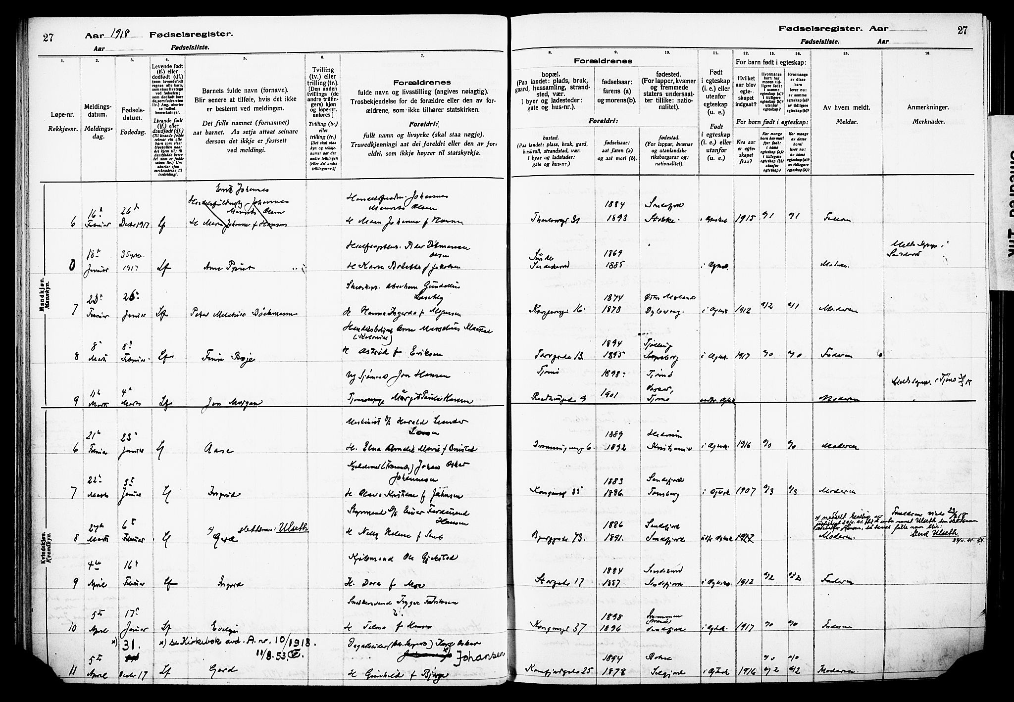 Sandefjord kirkebøker, AV/SAKO-A-315/J/Ja/L0001: Birth register no. 1, 1916-1932, p. 27