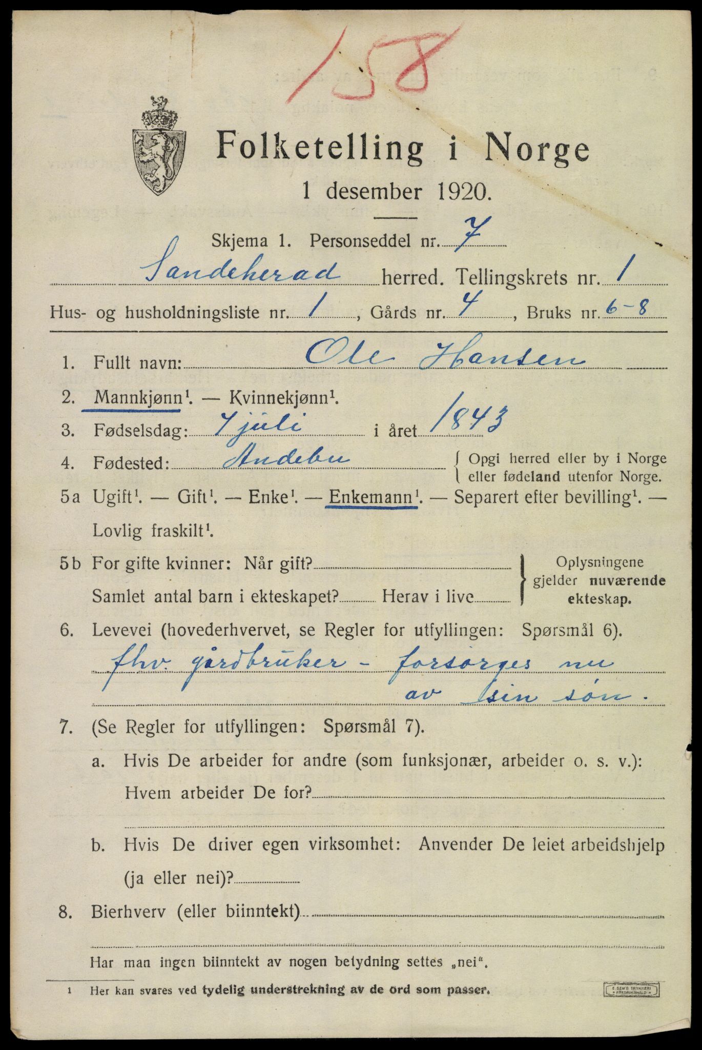 SAKO, 1920 census for Sandeherred, 1920, p. 3764