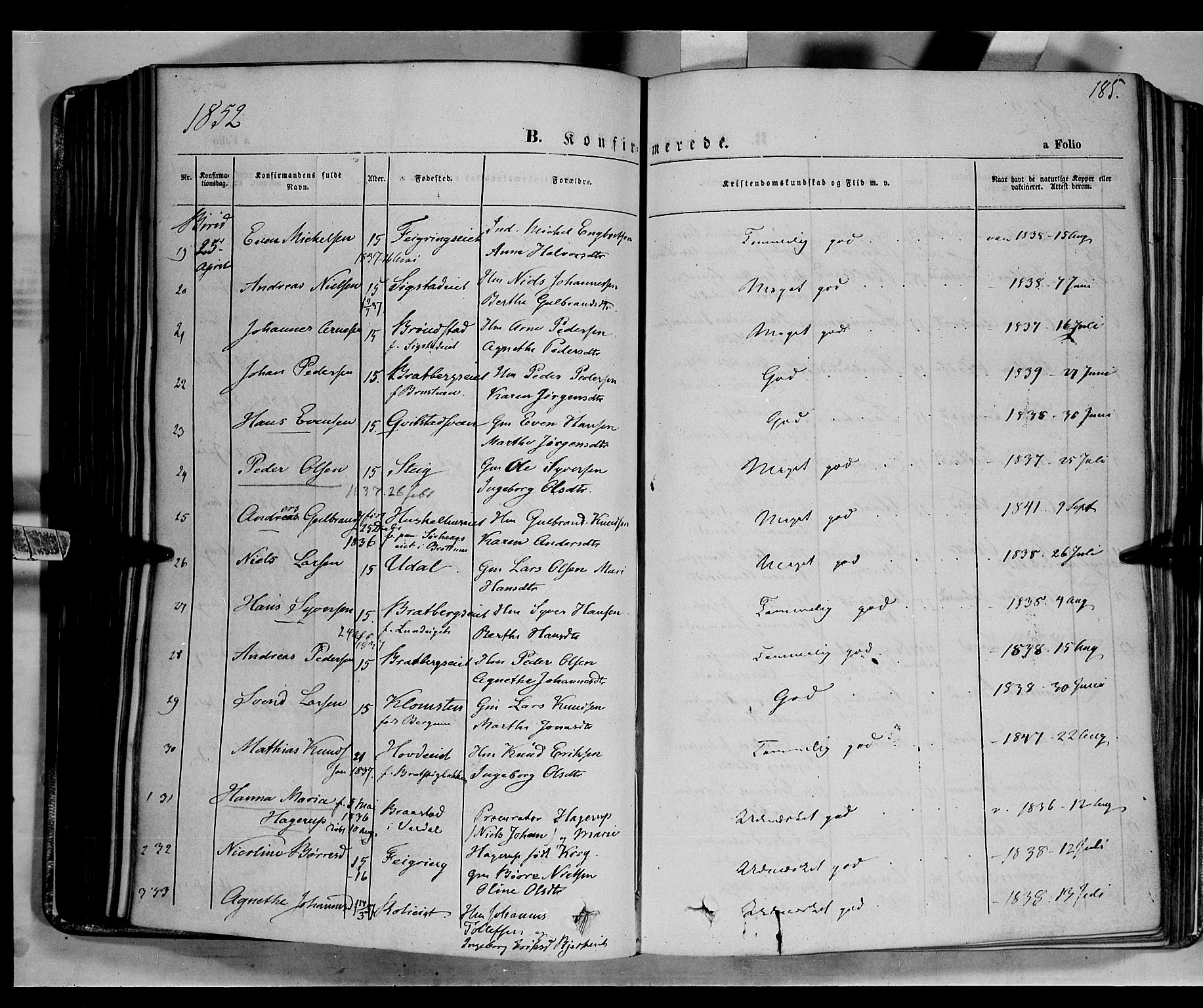 Biri prestekontor, AV/SAH-PREST-096/H/Ha/Haa/L0005: Parish register (official) no. 5, 1843-1854, p. 185