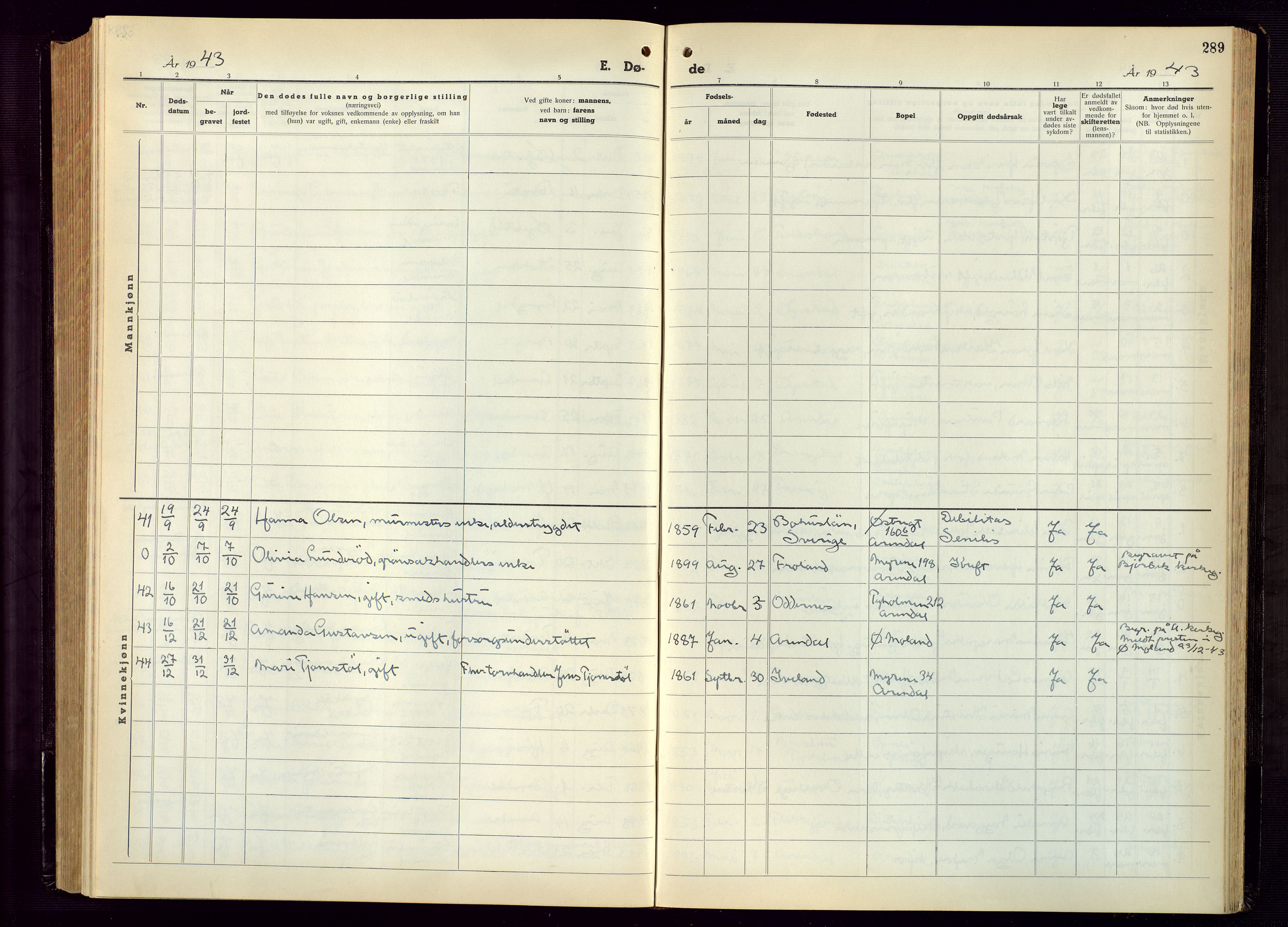 Arendal sokneprestkontor, Trefoldighet, AV/SAK-1111-0040/F/Fb/L0009: Parish register (copy) no. B 9, 1940-1949, p. 289