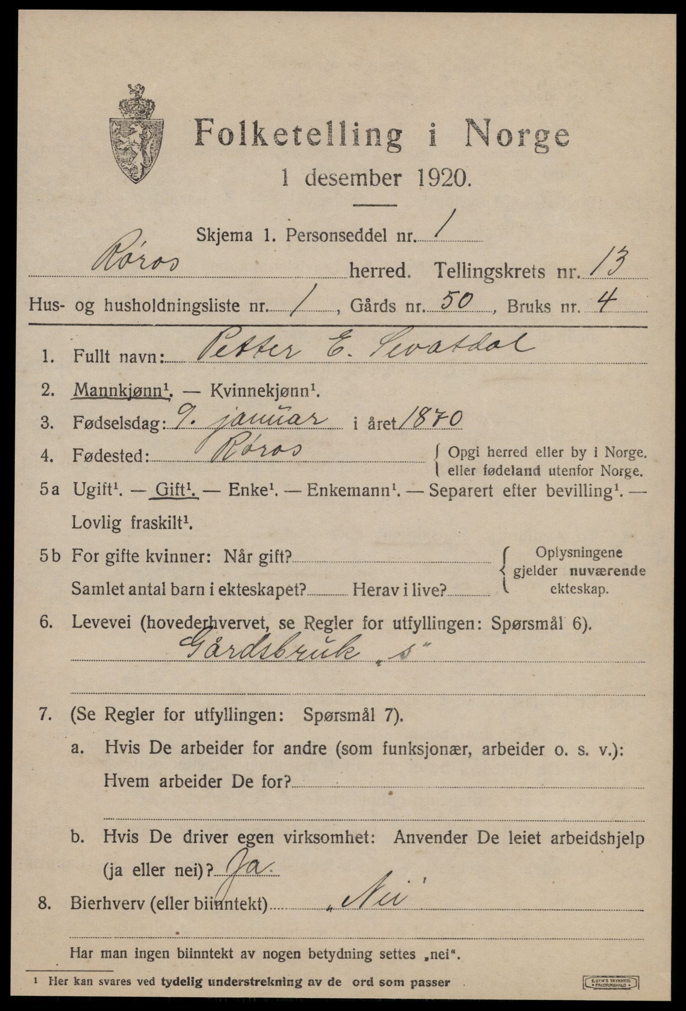 SAT, 1920 census for Røros, 1920, p. 9364