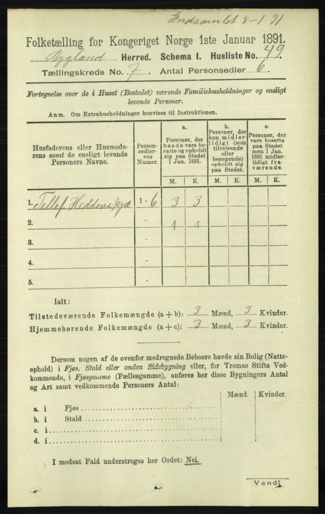 RA, 1891 census for 0938 Bygland, 1891, p. 1548