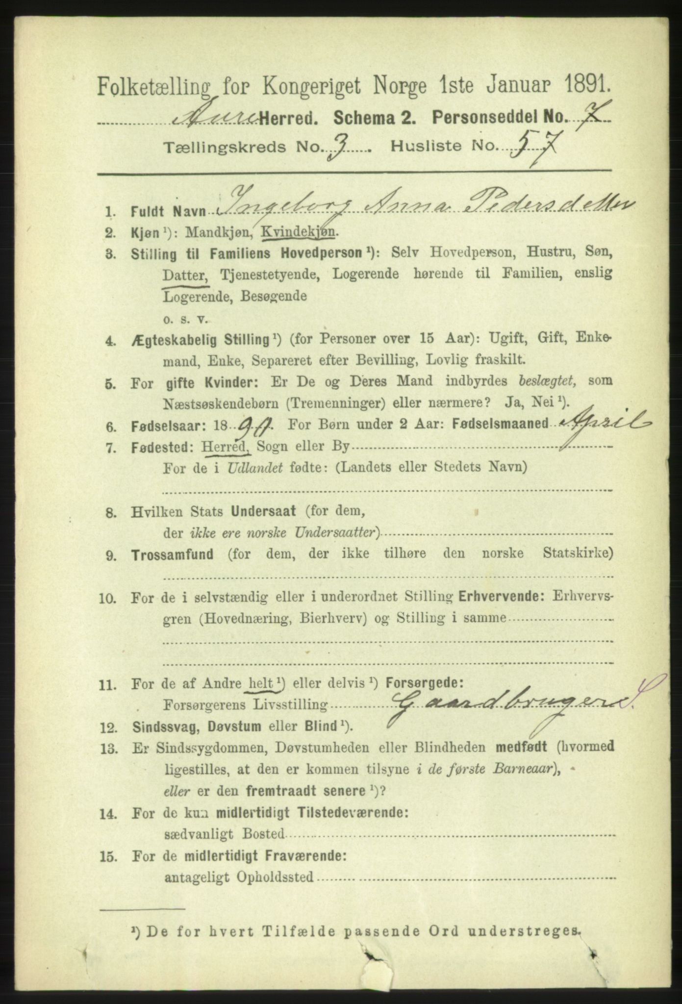 RA, 1891 census for 1569 Aure, 1891, p. 1929