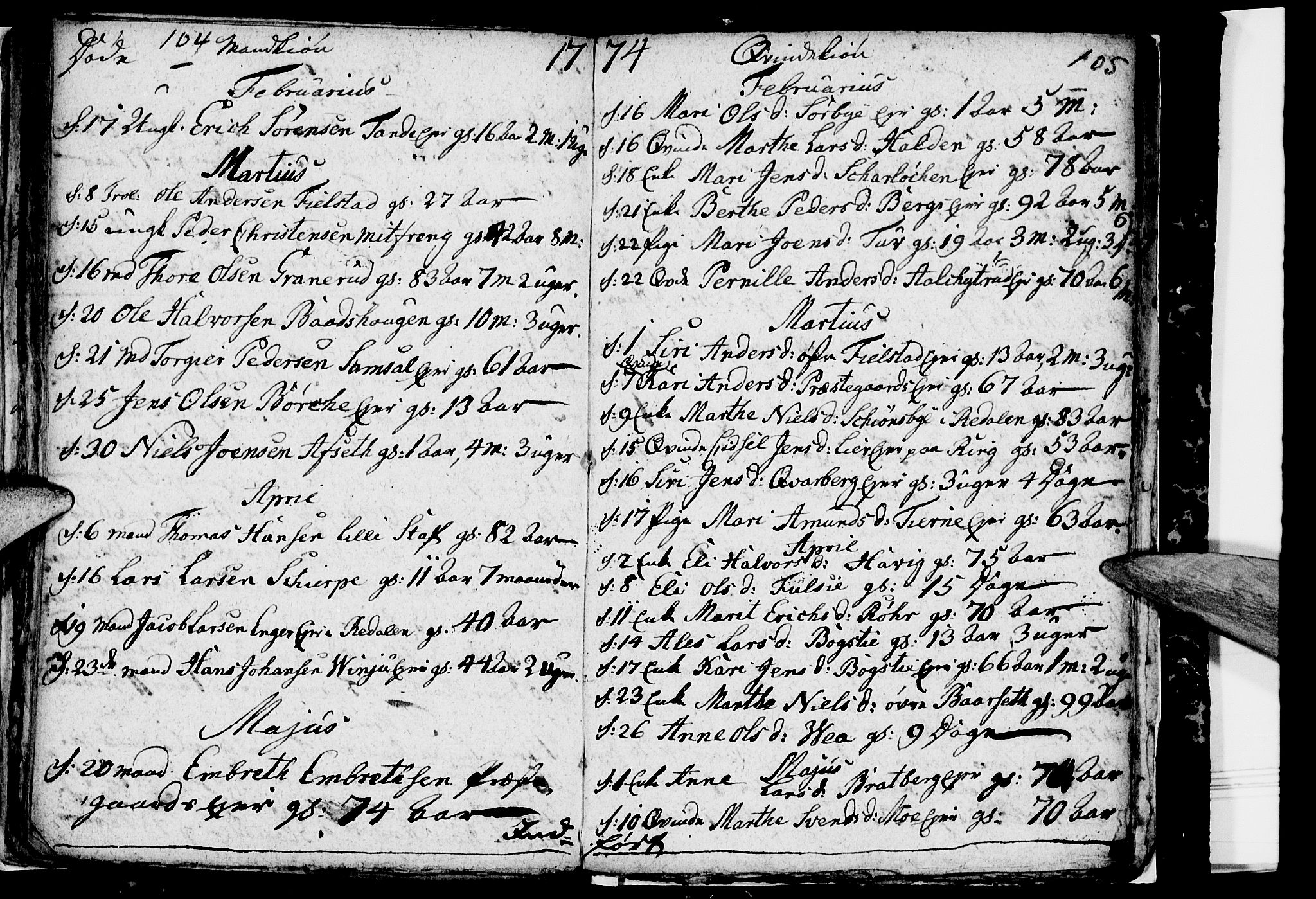 Ringsaker prestekontor, AV/SAH-PREST-014/I/Ia/L0005/0001: Parish register draft no. 5.1, 1773-1775, p. 104-105