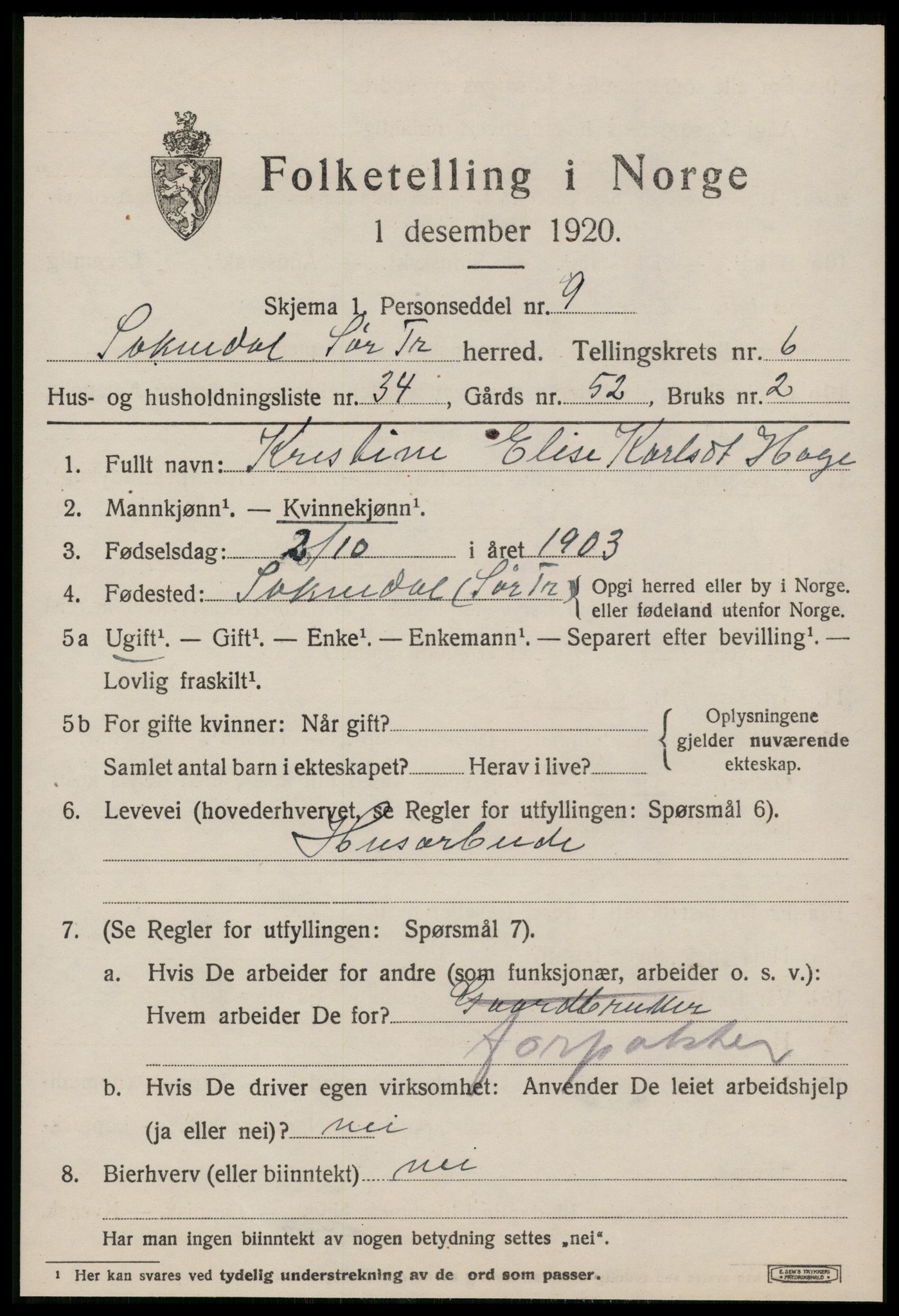 SAT, 1920 census for Soknedal, 1920, p. 3444