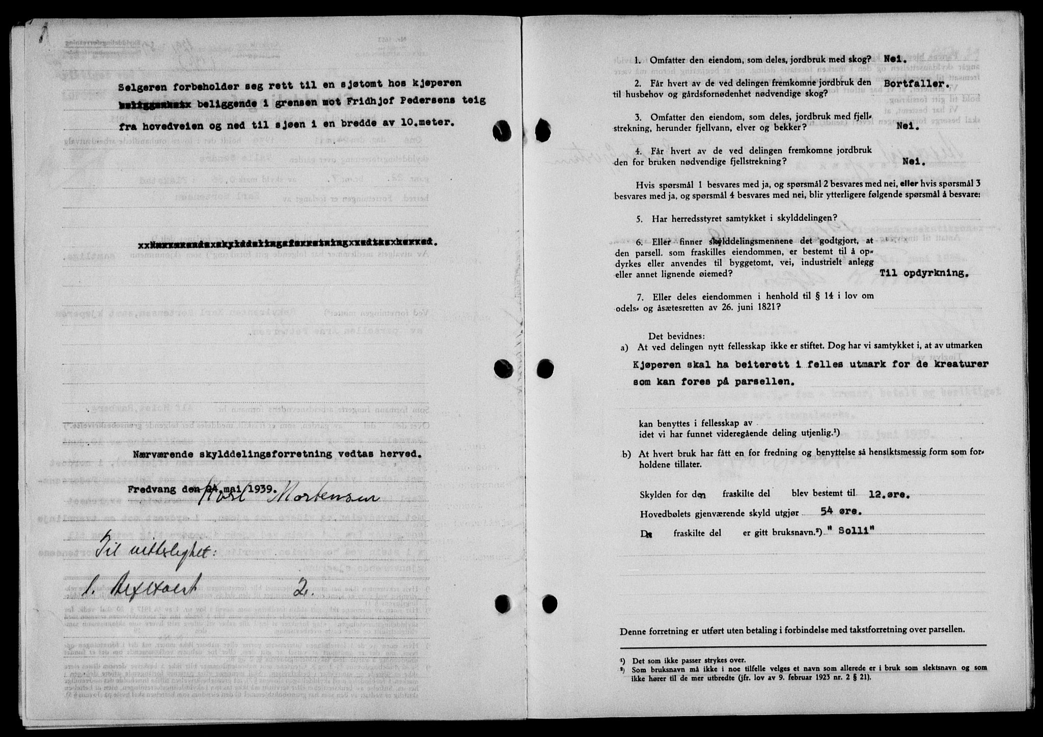 Lofoten sorenskriveri, SAT/A-0017/1/2/2C/L0005a: Mortgage book no. 5a, 1939-1939, Diary no: : 1291/1939