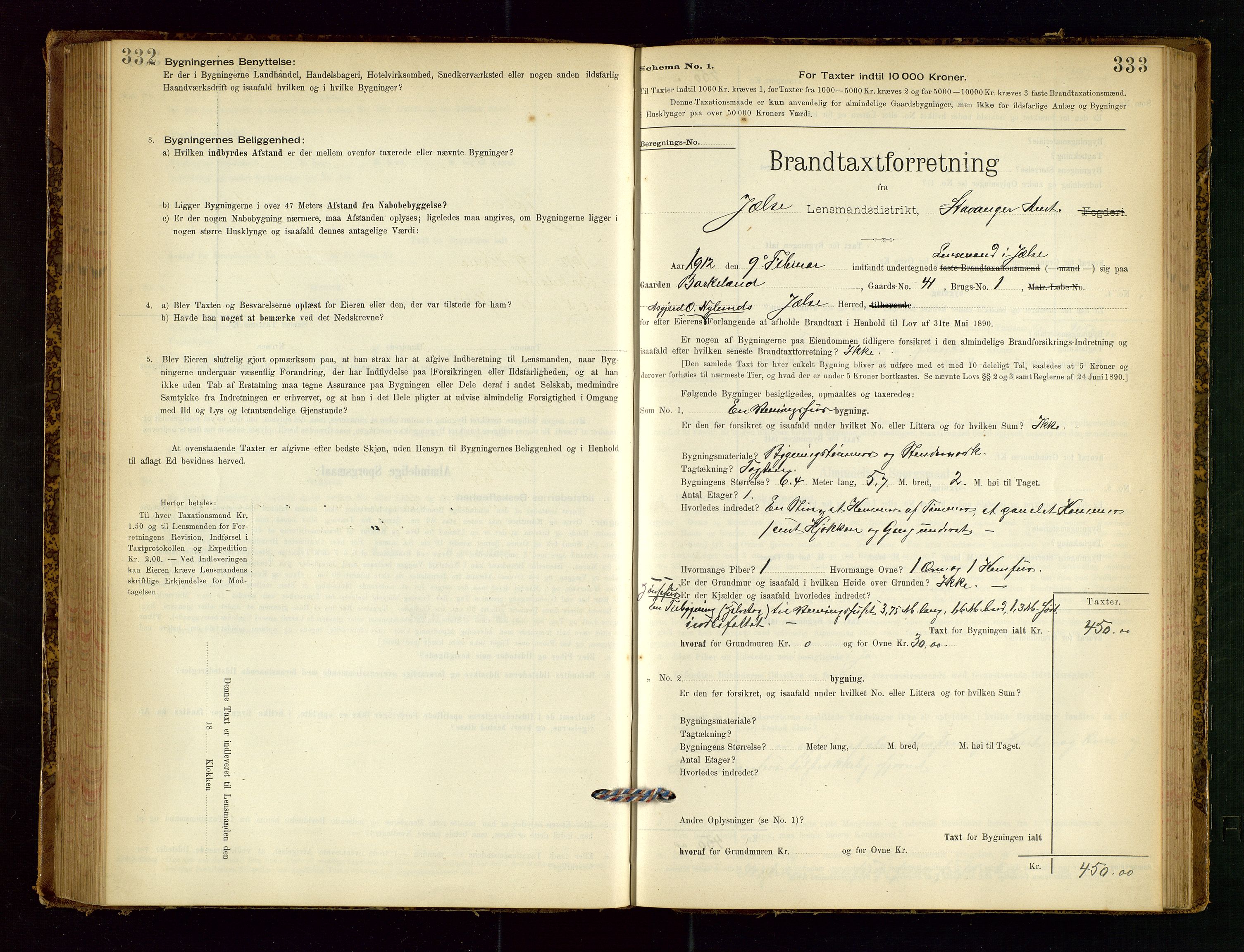 Jelsa lensmannskontor, SAST/A-100360/Gob/L0001: "Brandtaxationsprotocol", 1895-1918, p. 332-333