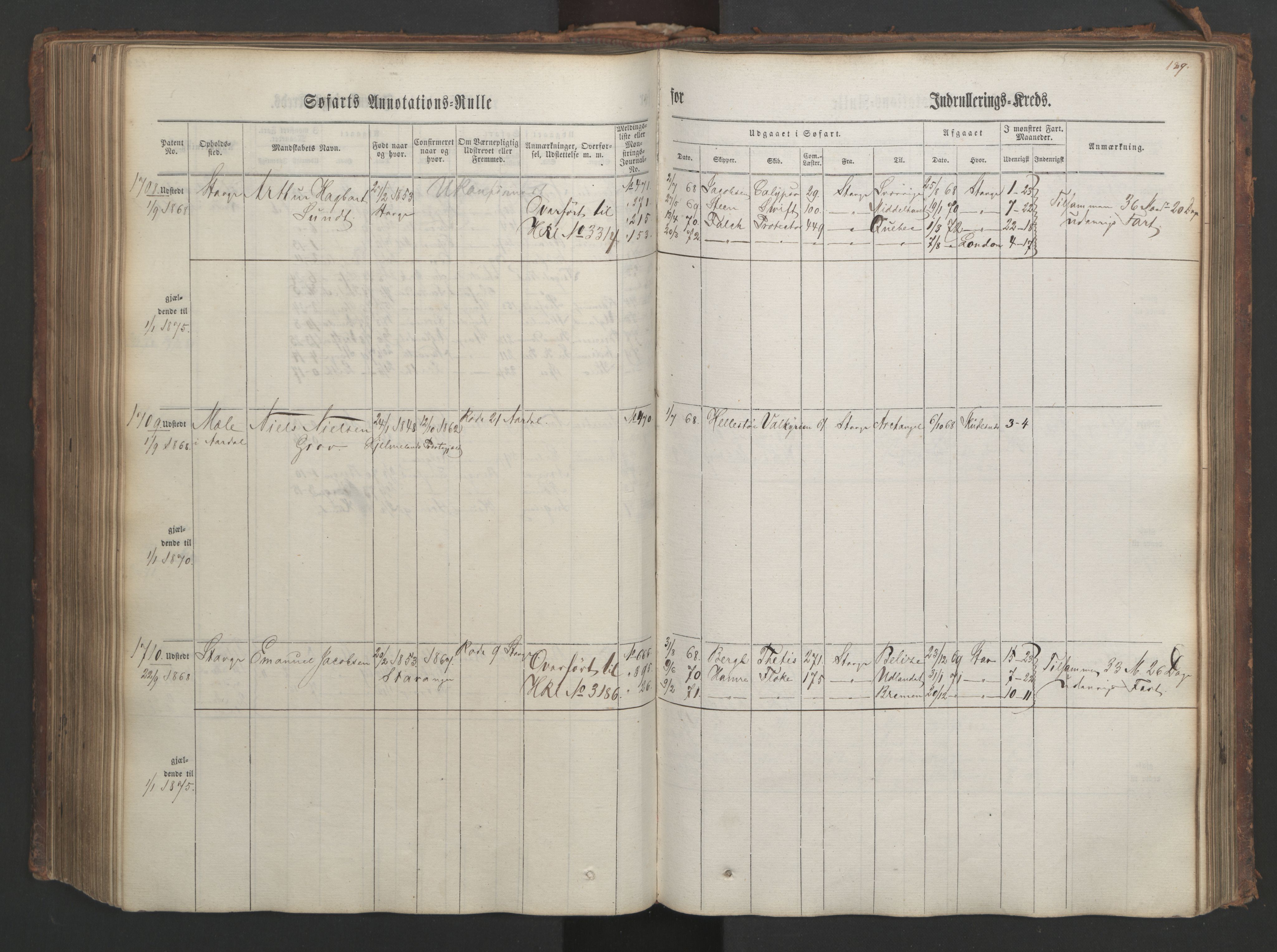 Stavanger sjømannskontor, AV/SAST-A-102006/F/Ff/L0003: Annotasjonsrulle, patentnr. 1144-1761, 1866, p. 227