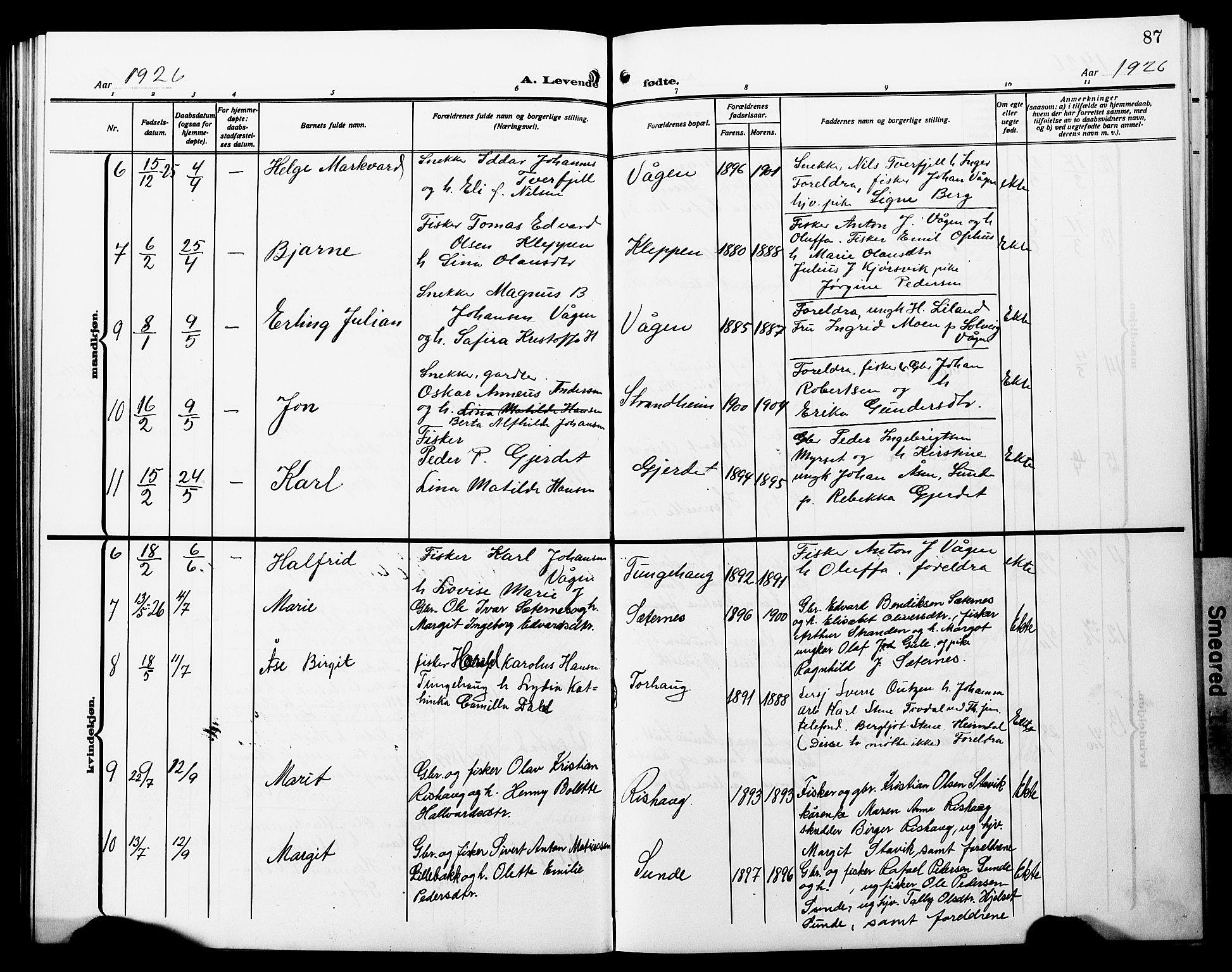 Ministerialprotokoller, klokkerbøker og fødselsregistre - Møre og Romsdal, SAT/A-1454/566/L0774: Parish register (copy) no. 566C03, 1910-1929, p. 87