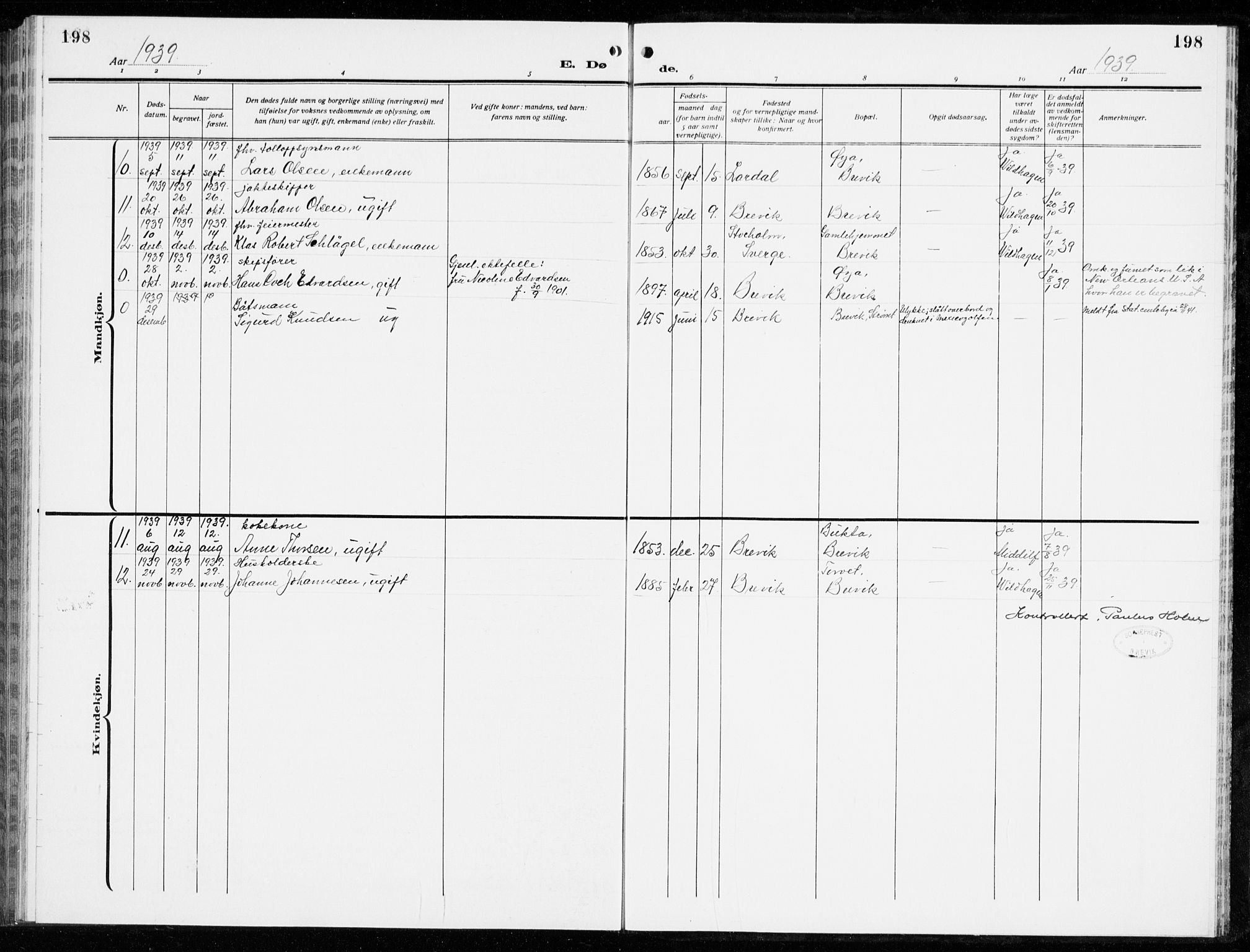 Brevik kirkebøker, SAKO/A-255/G/Ga/L0006: Parish register (copy) no. 6, 1922-1940, p. 198