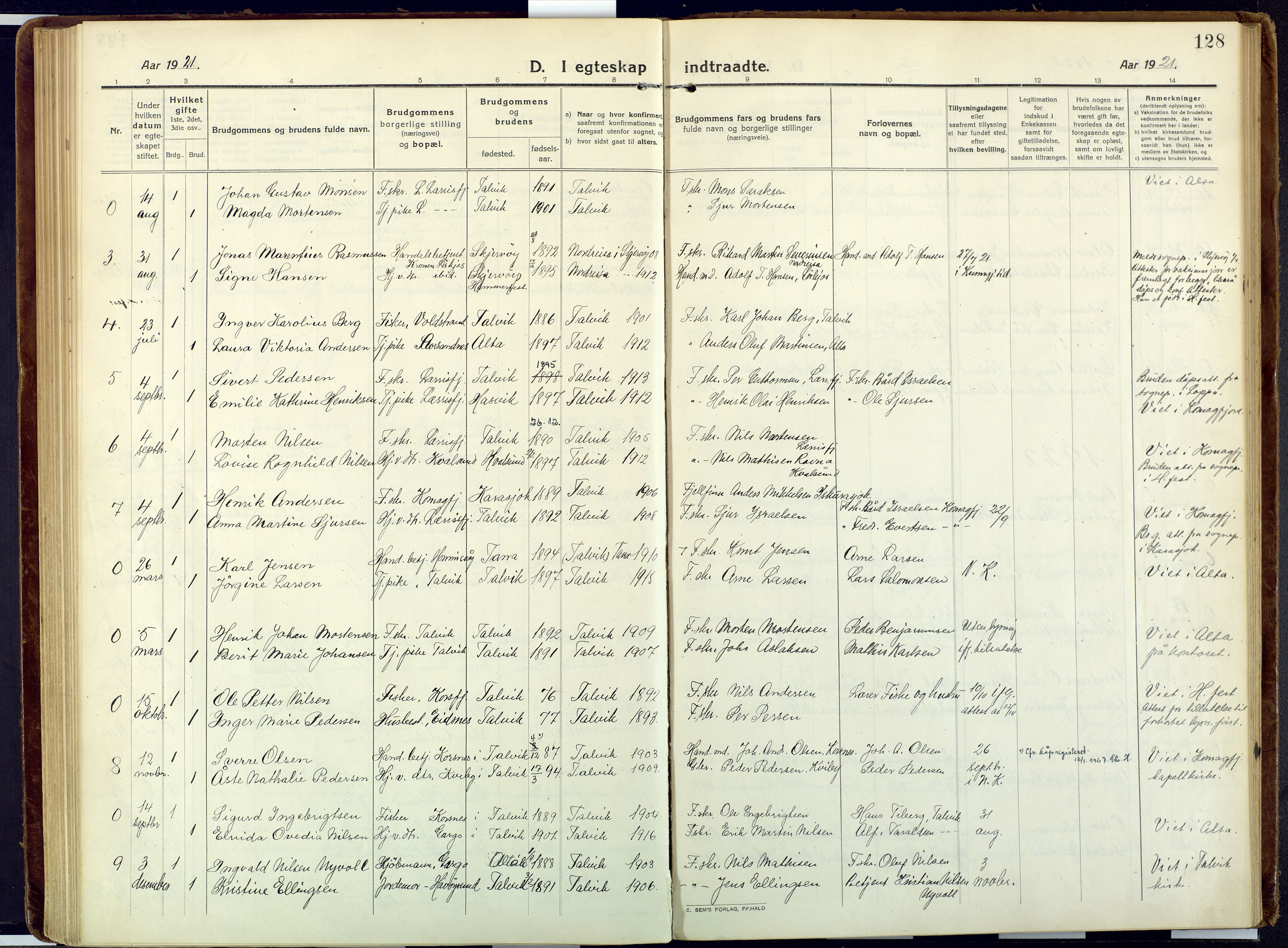 Talvik sokneprestkontor, SATØ/S-1337/H/Ha/L0018kirke: Parish register (official) no. 18, 1915-1924, p. 128