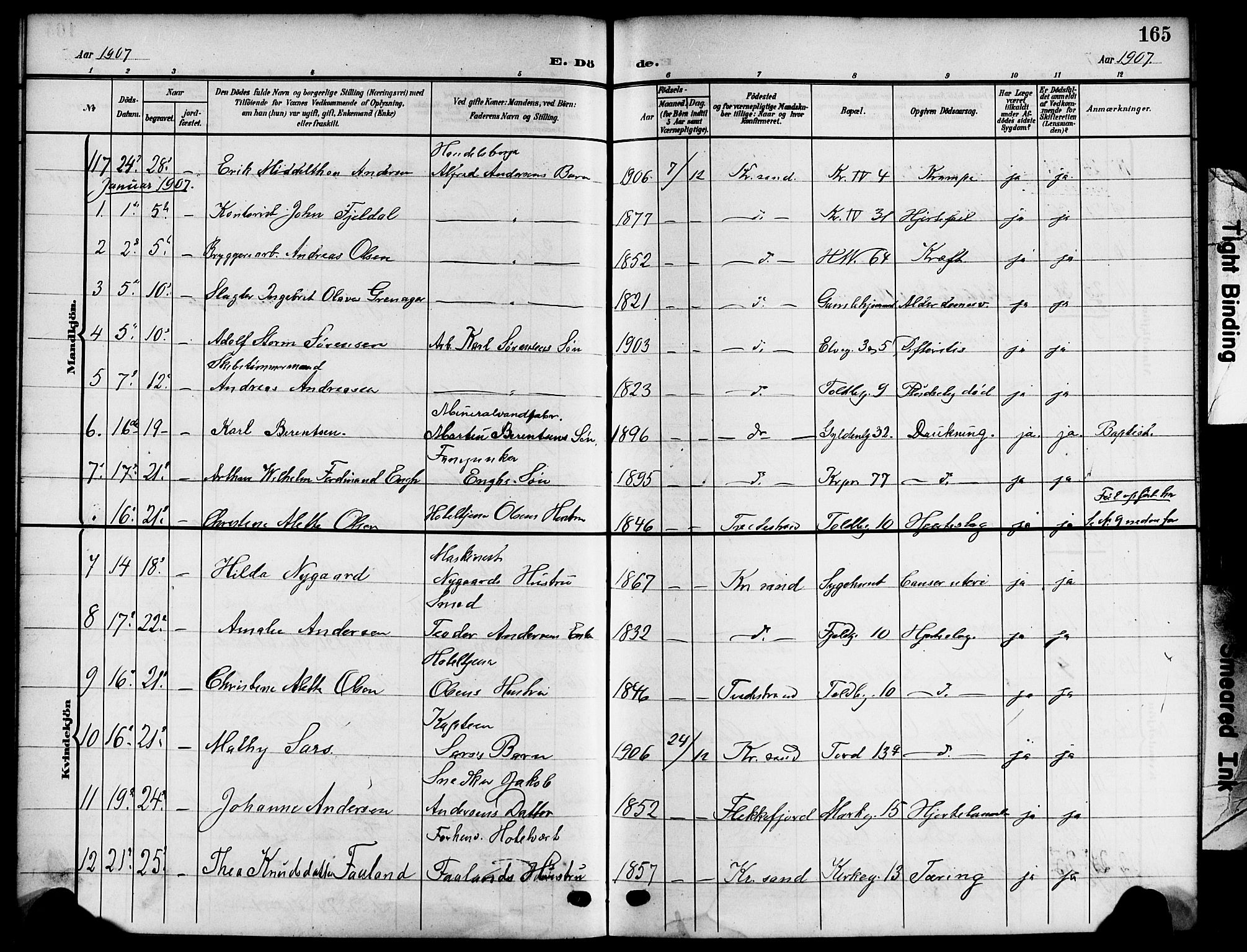 Kristiansand domprosti, SAK/1112-0006/F/Fb/L0020: Parish register (copy) no. B 20, 1906-1915, p. 165