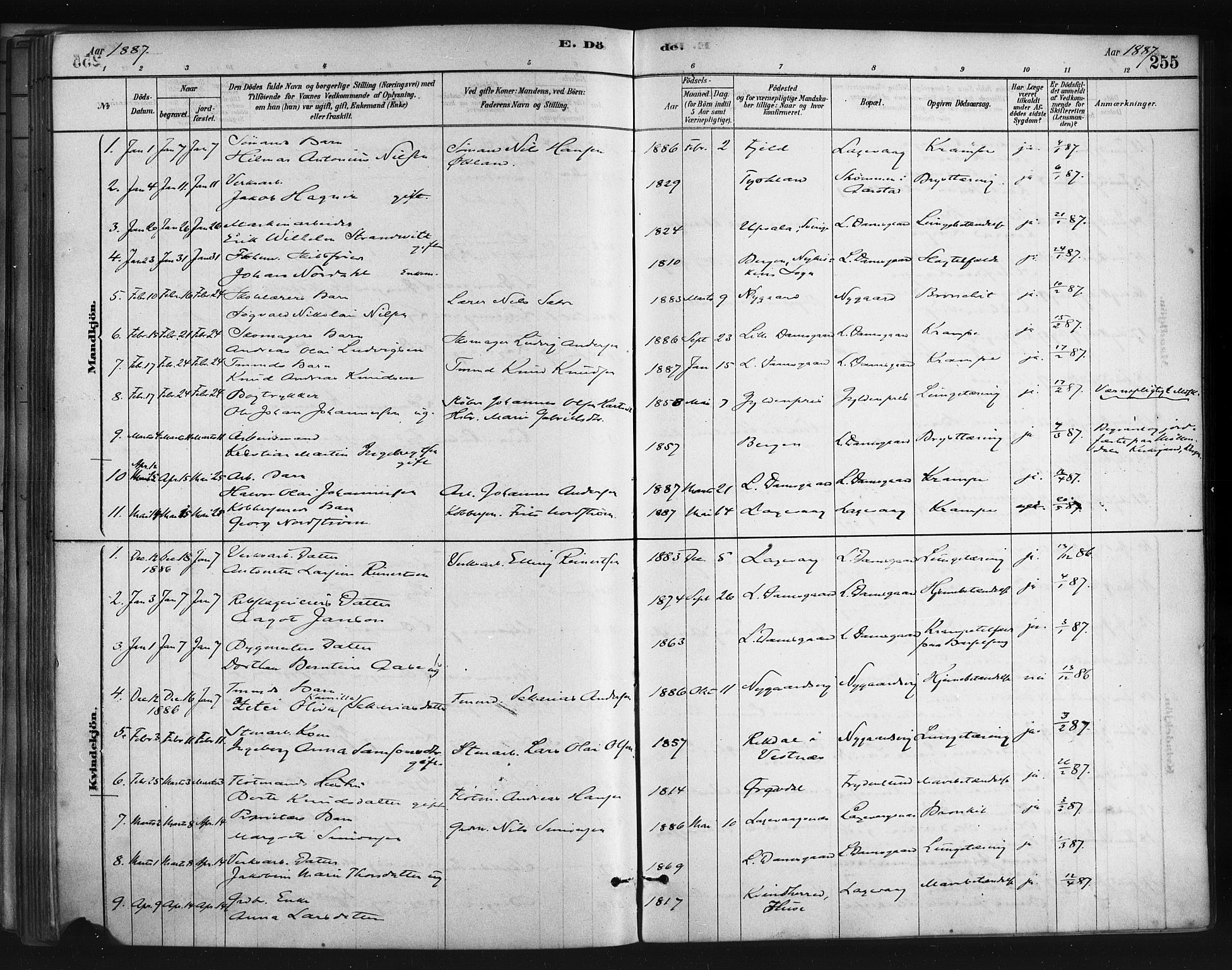 Askøy Sokneprestembete, SAB/A-74101/H/Ha/Haa/Haae/L0002: Parish register (official) no. E 2, 1878-1891, p. 255