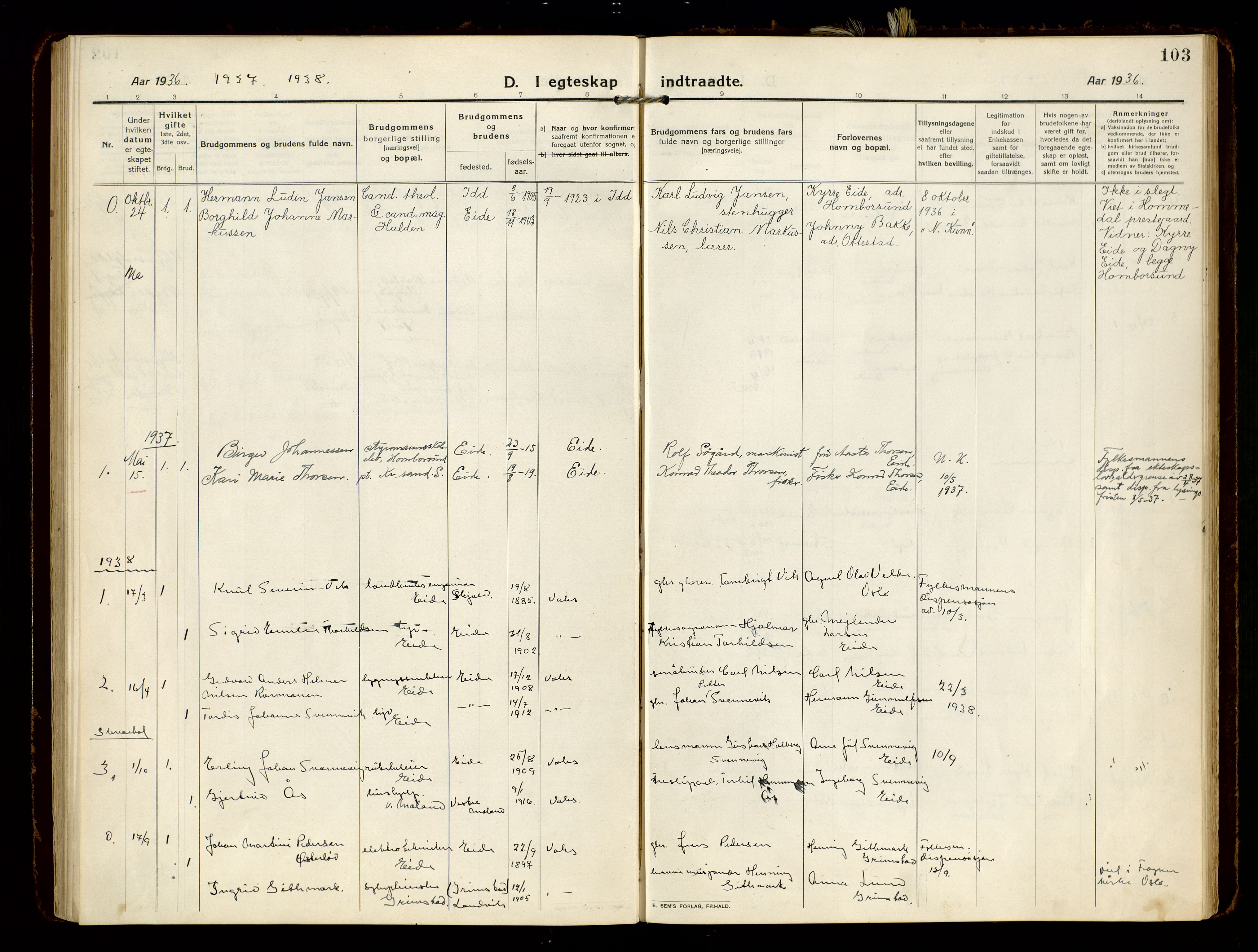 Hommedal sokneprestkontor, AV/SAK-1111-0023/F/Fa/Faa/L0004: Parish register (official) no. A 4, 1916-1945, p. 103