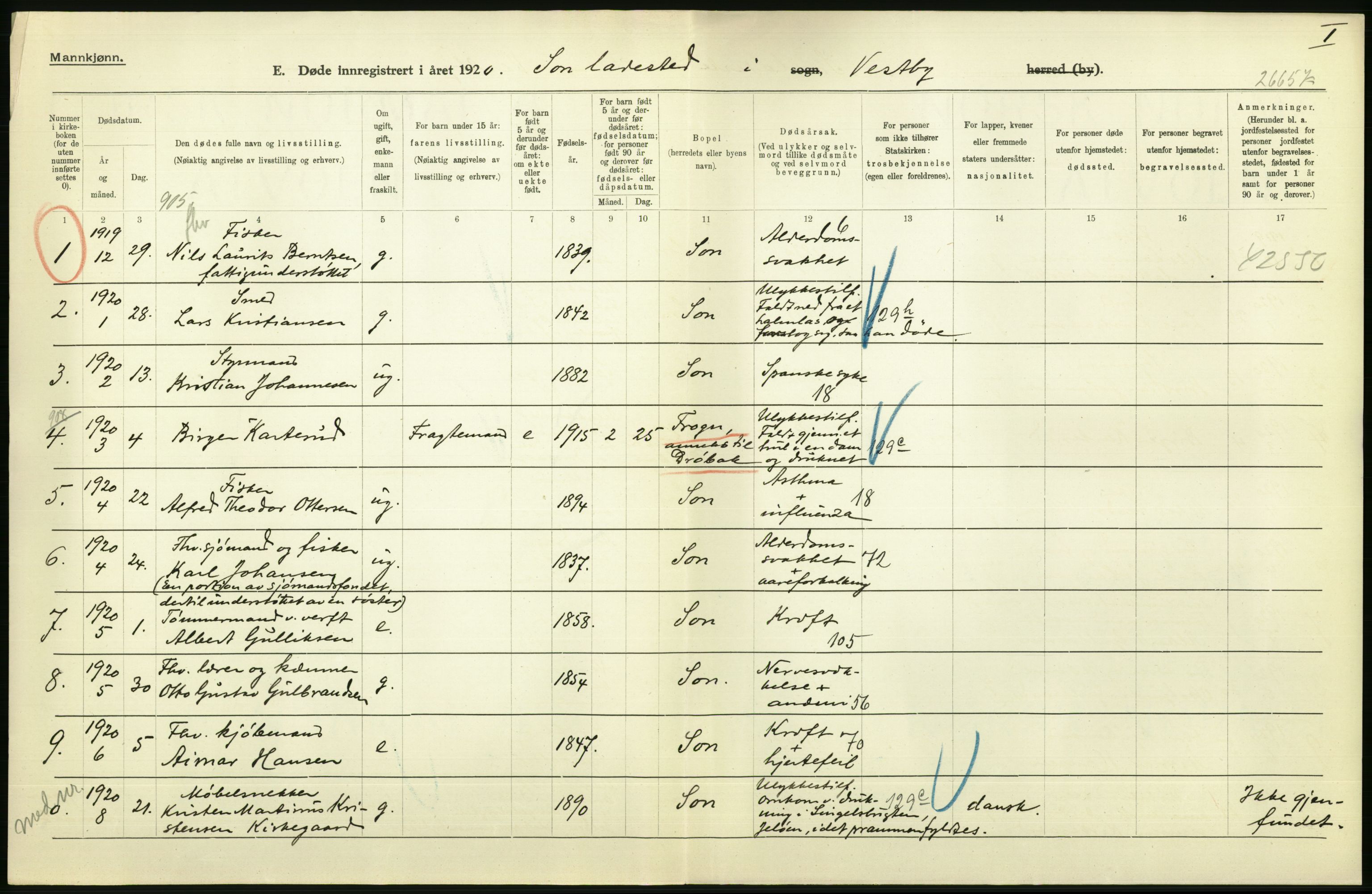 Statistisk sentralbyrå, Sosiodemografiske emner, Befolkning, AV/RA-S-2228/D/Df/Dfb/Dfbj/L0007: Akershus fylke: Døde. Bygder og byer., 1920, p. 486