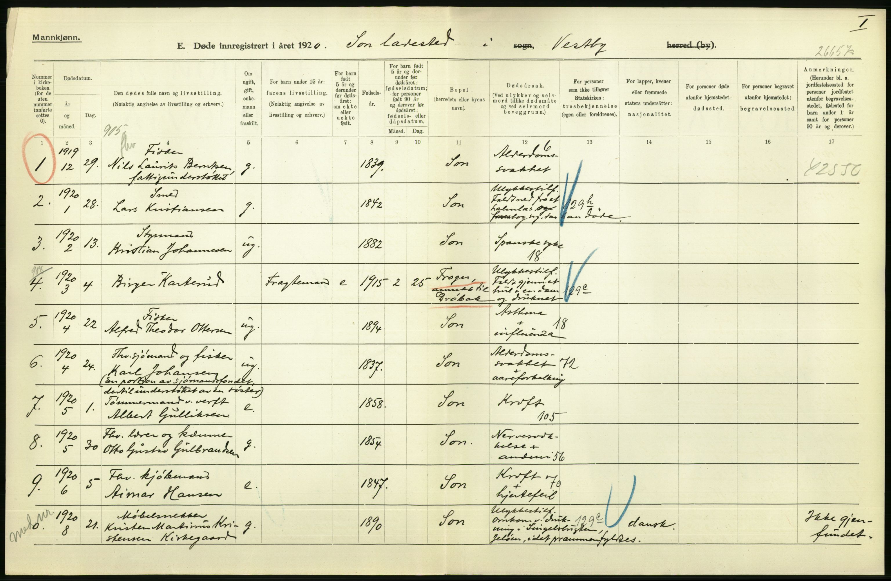 Statistisk sentralbyrå, Sosiodemografiske emner, Befolkning, RA/S-2228/D/Df/Dfb/Dfbj/L0007: Akershus fylke: Døde. Bygder og byer., 1920, p. 486