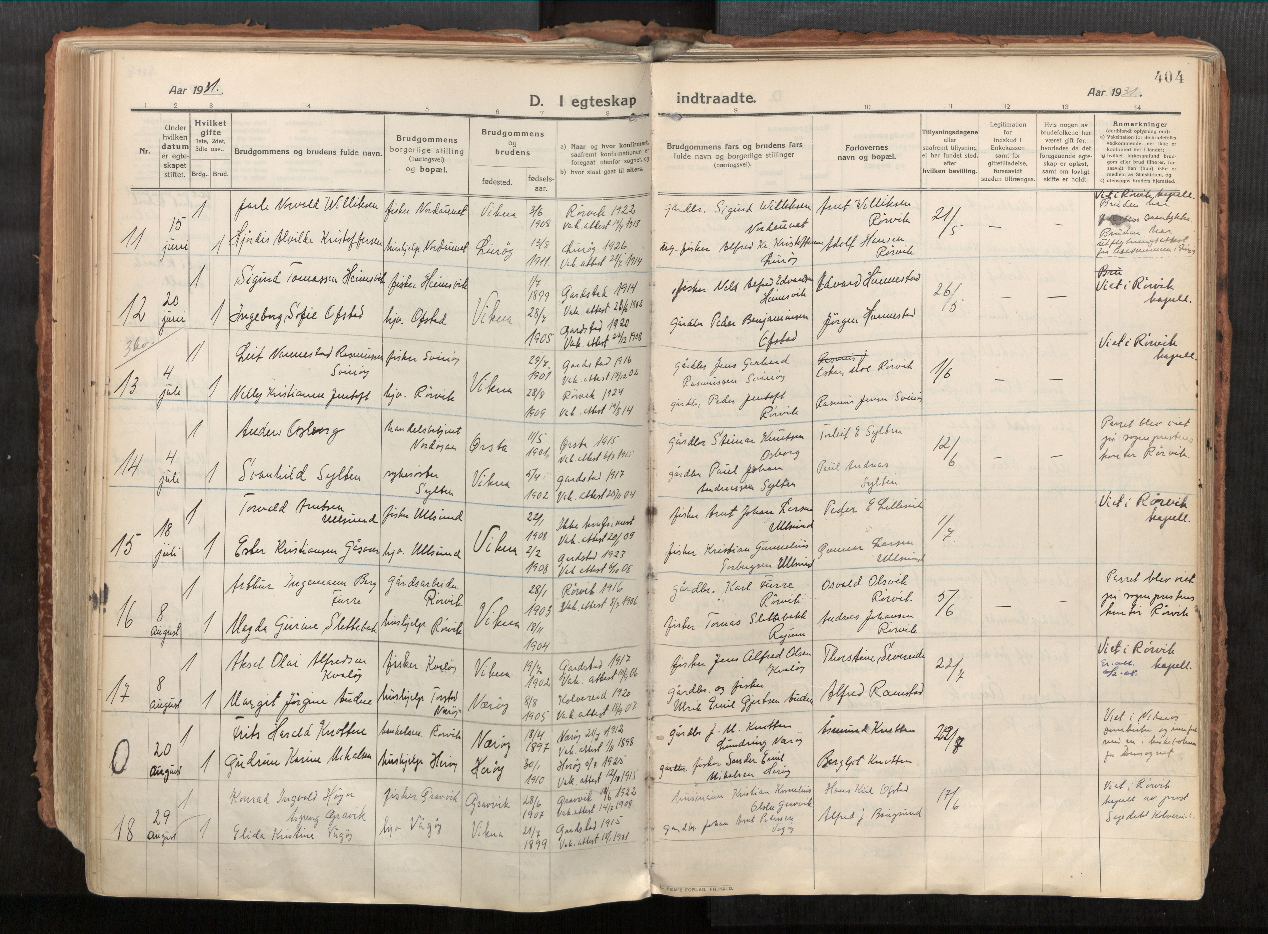 Vikna sokneprestkontor, AV/SAT-A-1173/1/I/I1/I1a/L0001: Parish register (official) no. 1, 1913-1934, p. 404