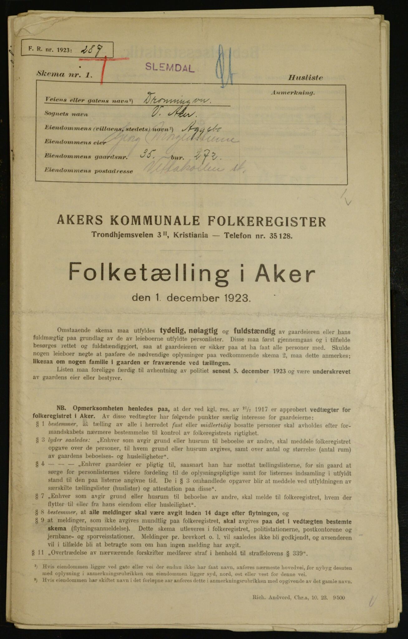 , Municipal Census 1923 for Aker, 1923, p. 9023