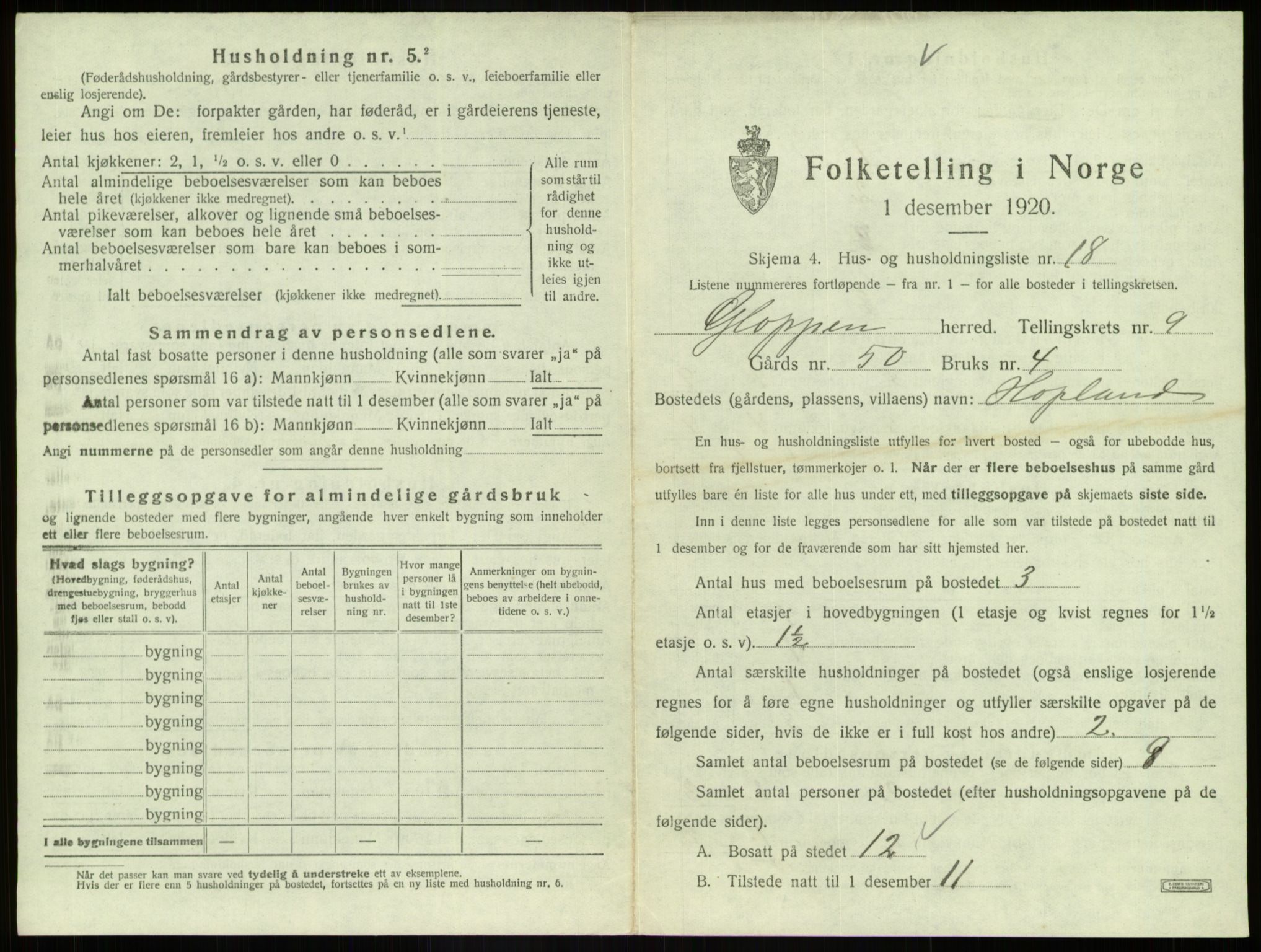 SAB, 1920 census for Gloppen, 1920, p. 645