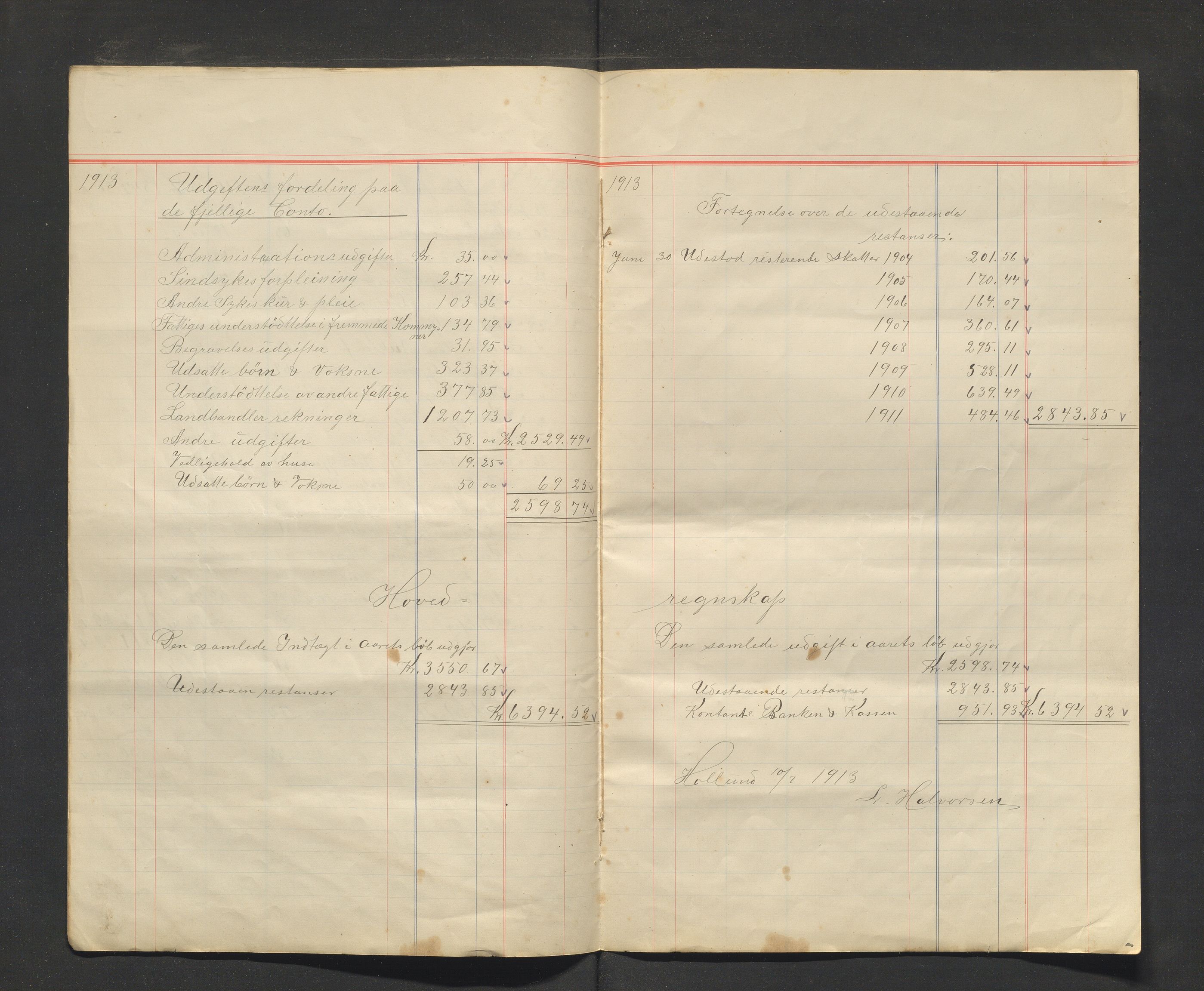 Bremnes kommune. Fattigkassen. Bremnes sokn / kommune, IKAH/1220-121.2/R/Ra/L0001/0004: Årsrekneskap for Bremnes fattigkasse / Årsrekneskap, 1913