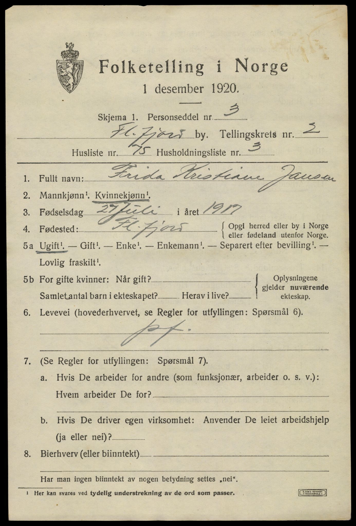 SAK, 1920 census for Flekkefjord, 1920, p. 3402