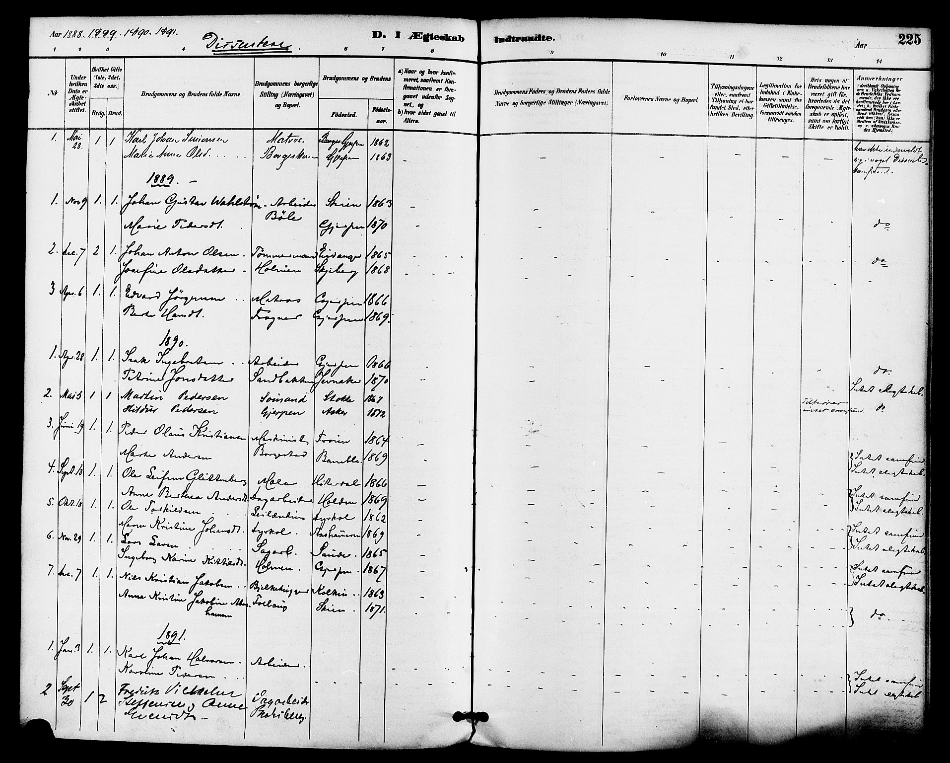 Gjerpen kirkebøker, AV/SAKO-A-265/F/Fa/L0010: Parish register (official) no. I 10, 1886-1895, p. 225
