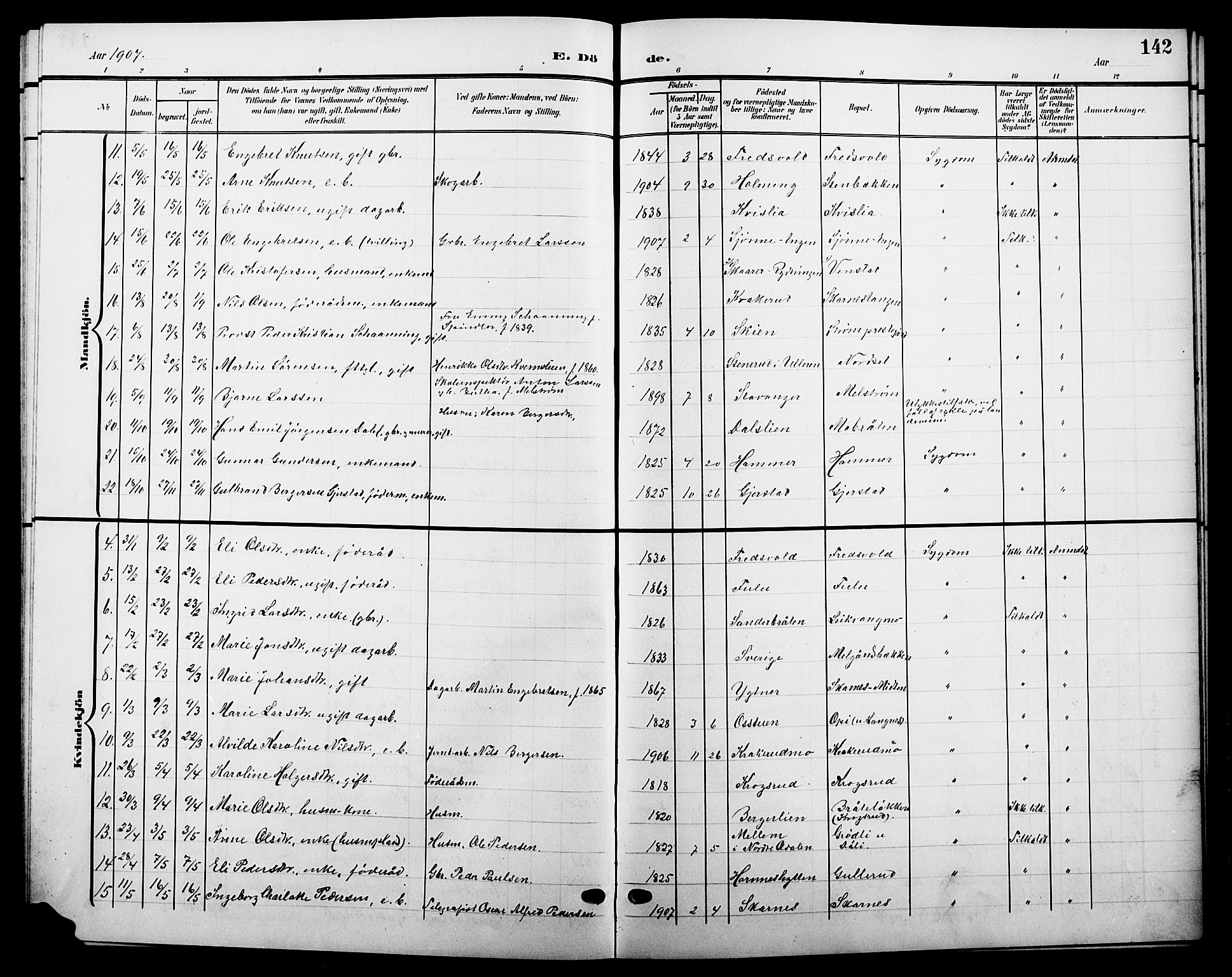 Sør-Odal prestekontor, SAH/PREST-030/H/Ha/Hab/L0005: Parish register (copy) no. 5, 1903-1915, p. 142