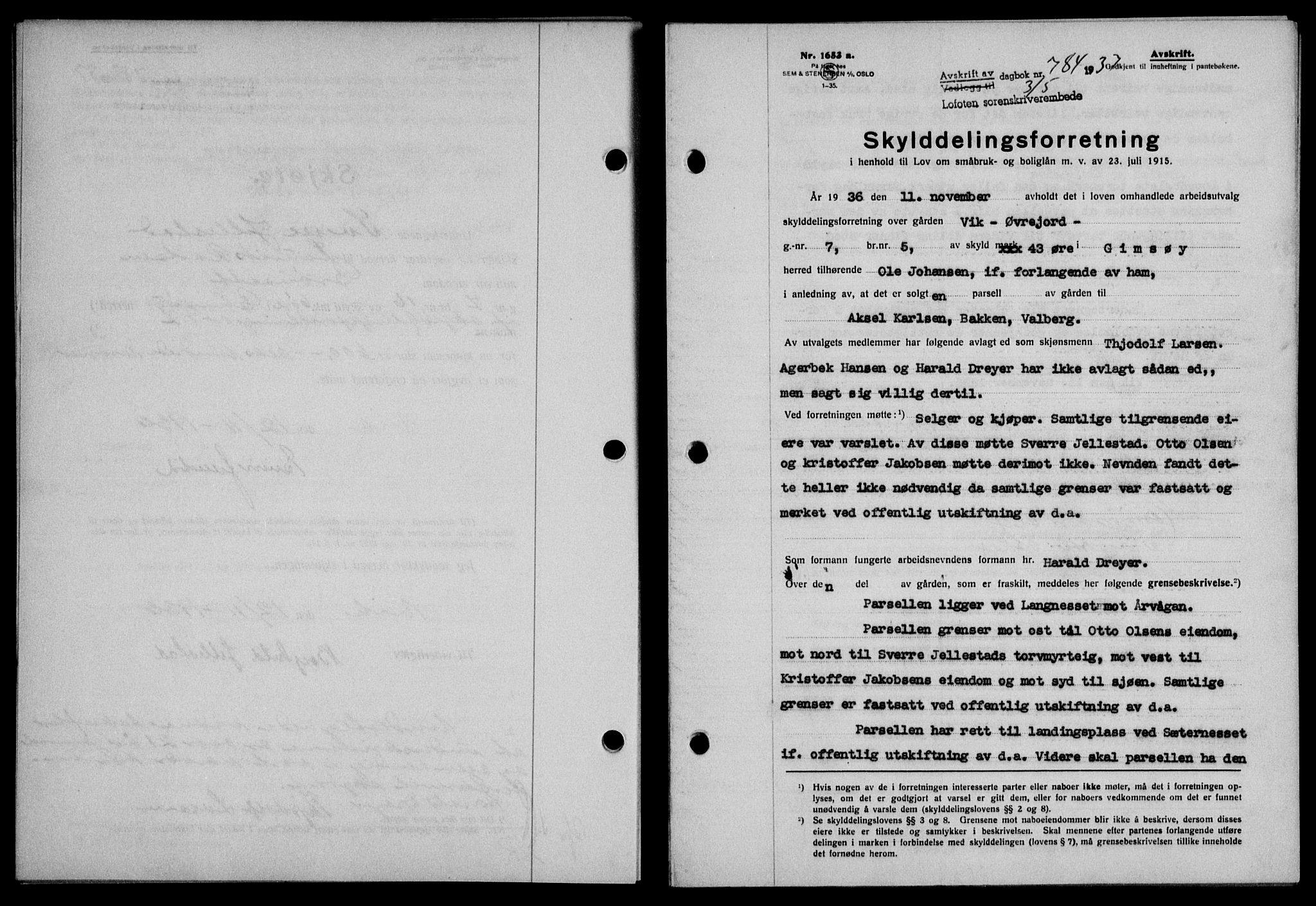 Lofoten sorenskriveri, SAT/A-0017/1/2/2C/L0002a: Mortgage book no. 2a, 1937-1937, Diary no: : 784/1937