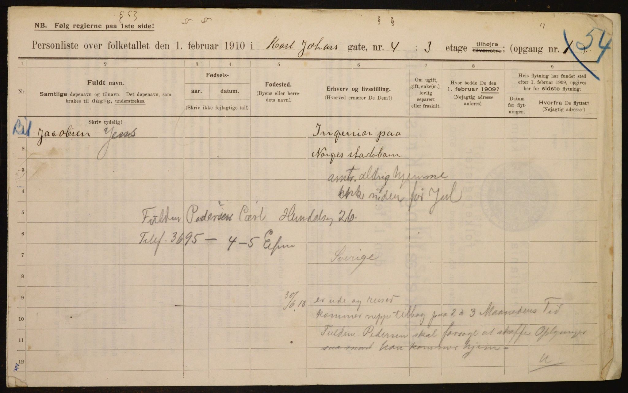 OBA, Municipal Census 1910 for Kristiania, 1910, p. 47291