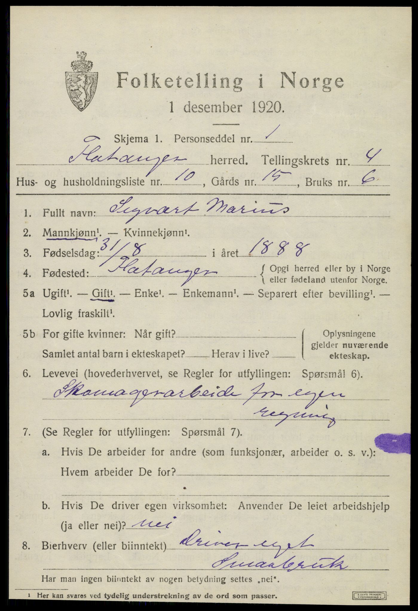 SAT, 1920 census for Flatanger, 1920, p. 2384