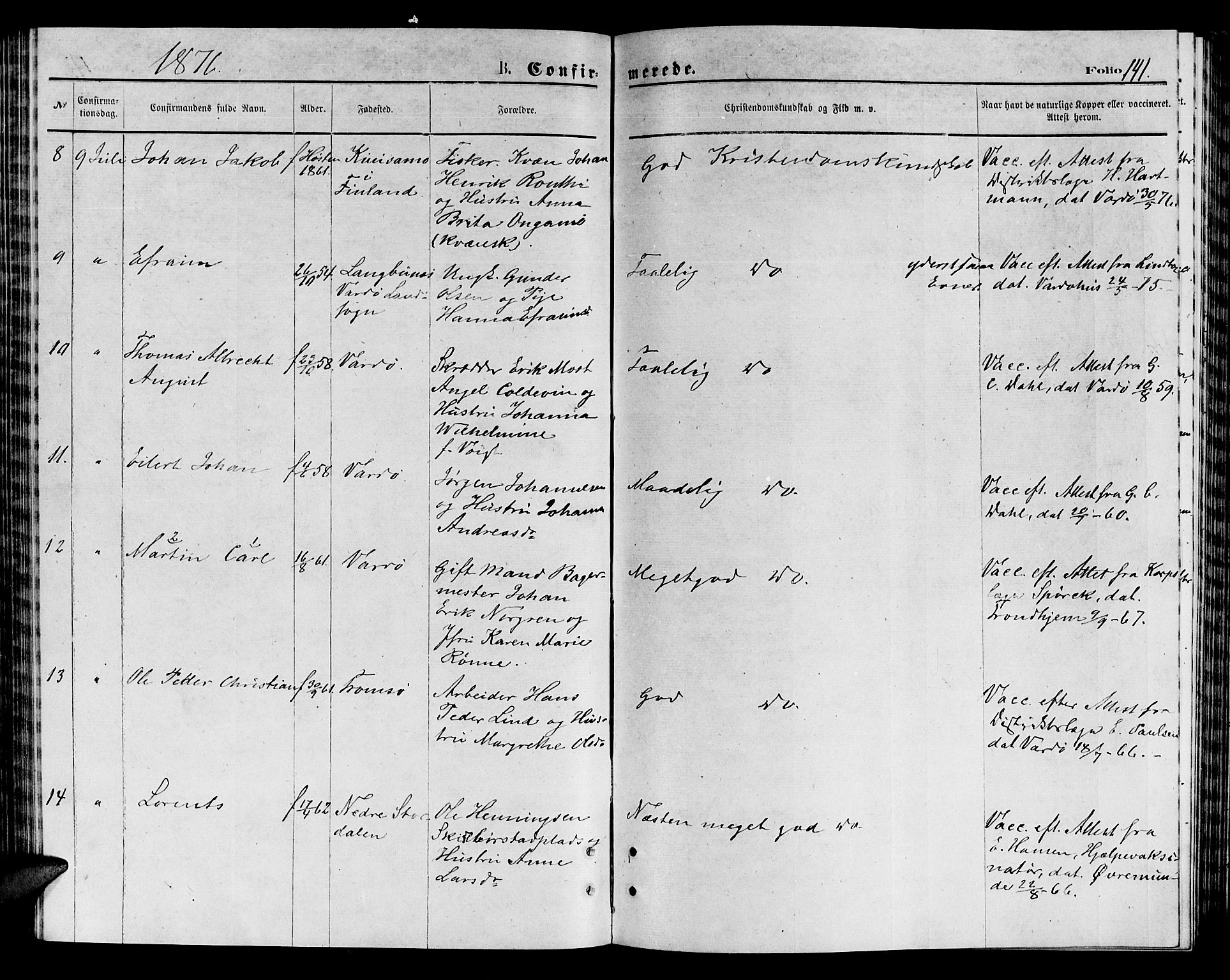 Vardø sokneprestkontor, AV/SATØ-S-1332/H/Hb/L0003klokker: Parish register (copy) no. 3, 1871-1878, p. 141