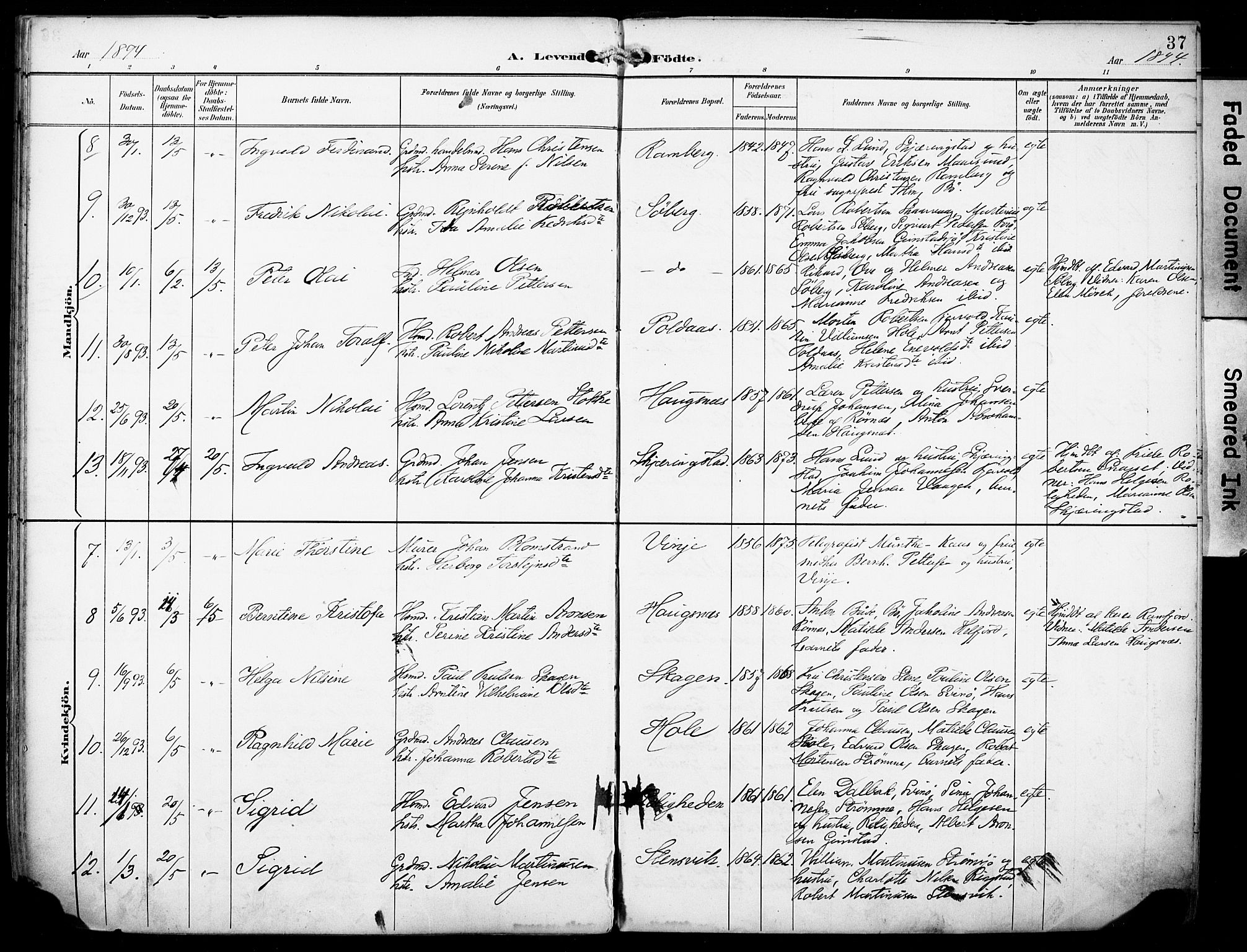 Ministerialprotokoller, klokkerbøker og fødselsregistre - Nordland, SAT/A-1459/891/L1303: Parish register (official) no. 891A08, 1891-1894, p. 37
