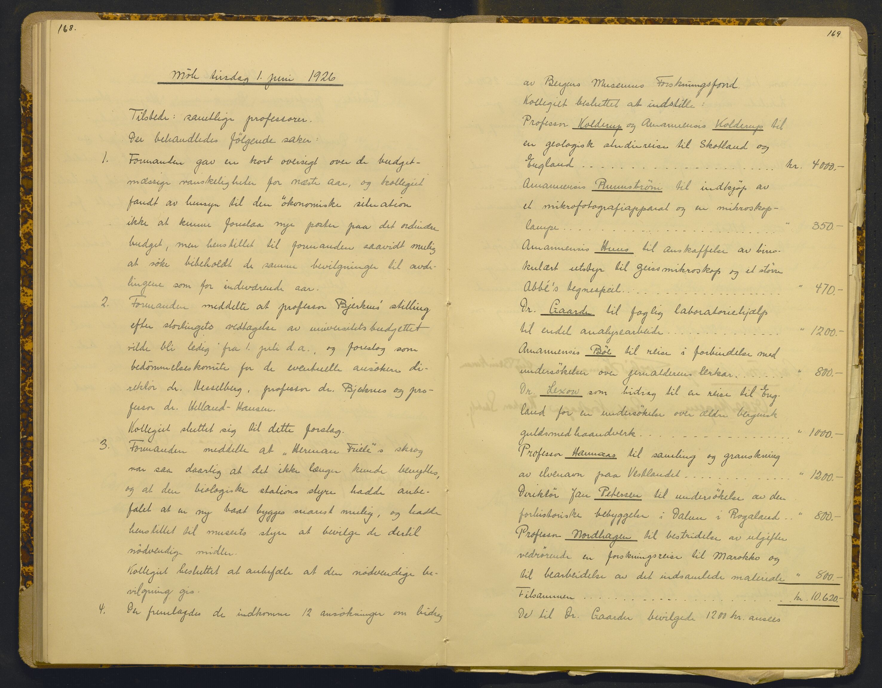 Bergens Museum, AV/SAB-A-17301/18/A/L0001: Bestyrerkollegiets forhandlingsprotokoll med register , 1907-1927, p. 168-169