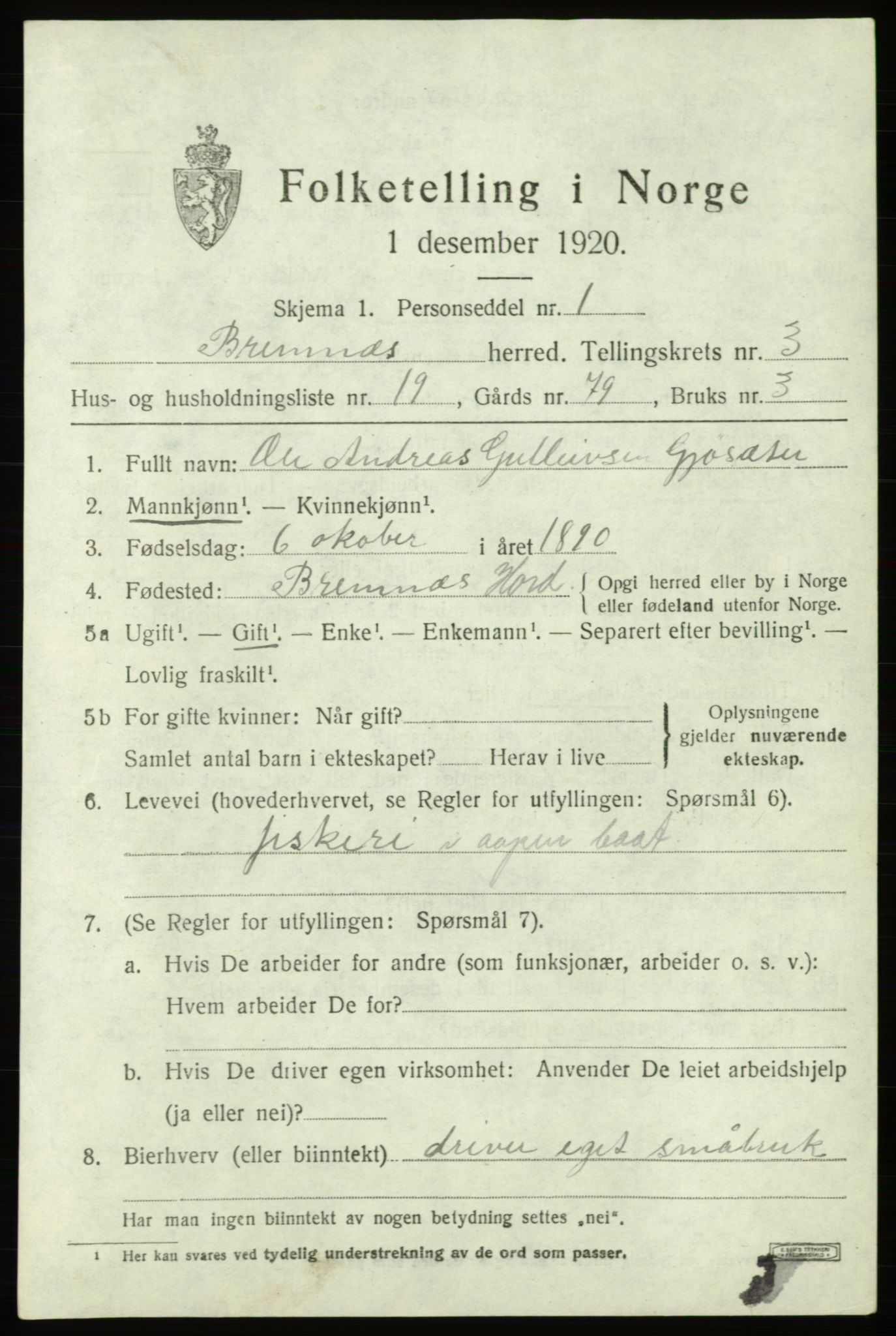 SAB, 1920 census for Bremnes, 1920, p. 1788