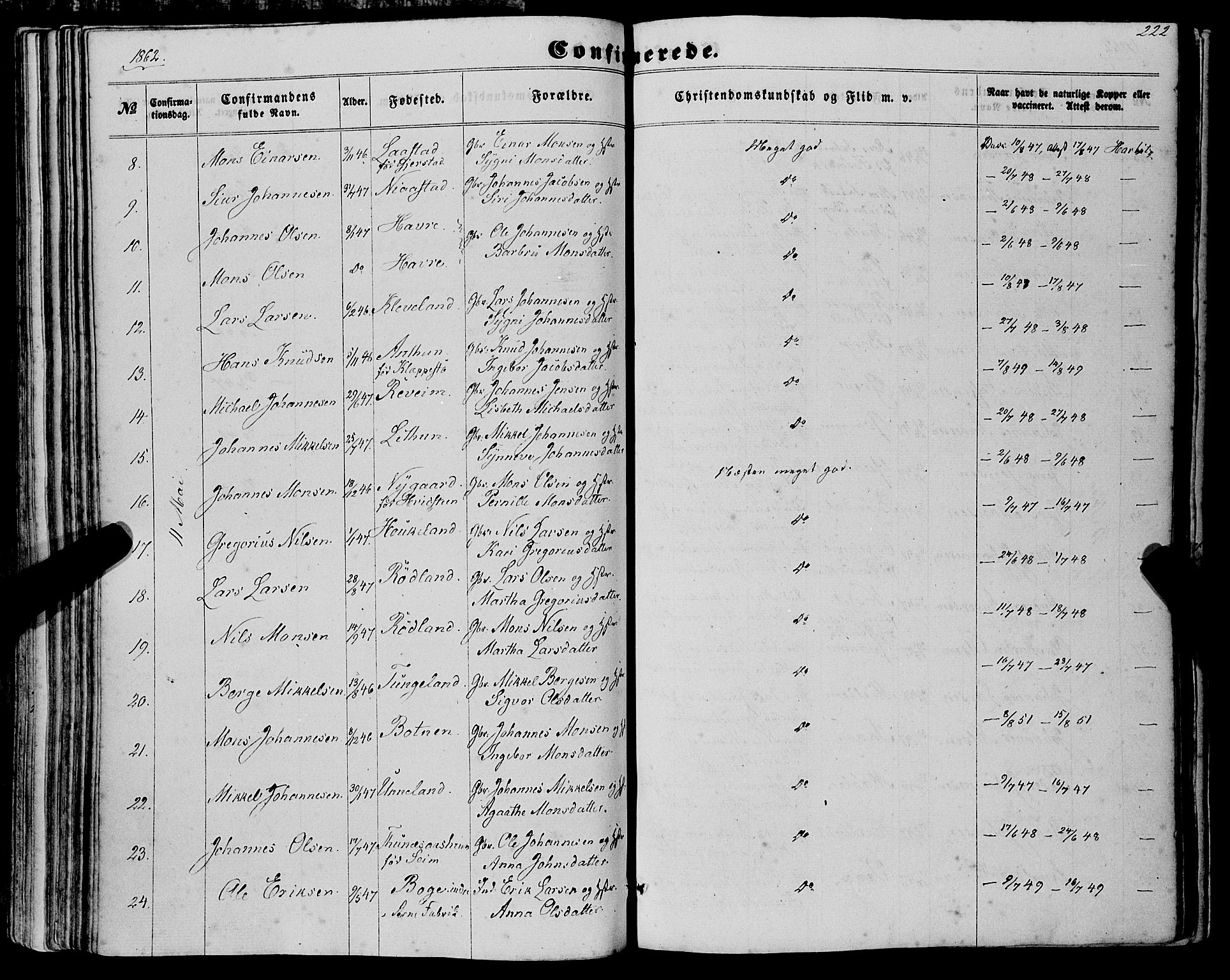 Haus sokneprestembete, AV/SAB-A-75601/H/Haa: Parish register (official) no. A 17, 1858-1870, p. 222