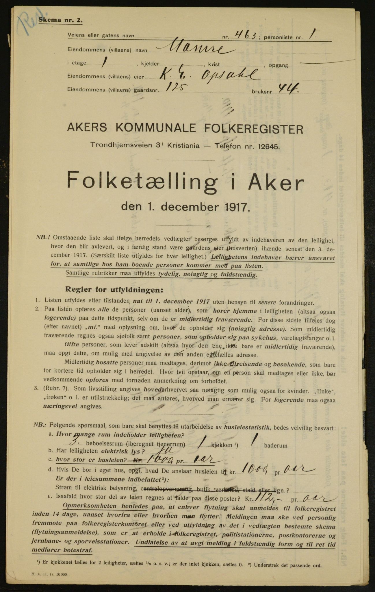 OBA, Municipal Census 1917 for Aker, 1917, p. 29517