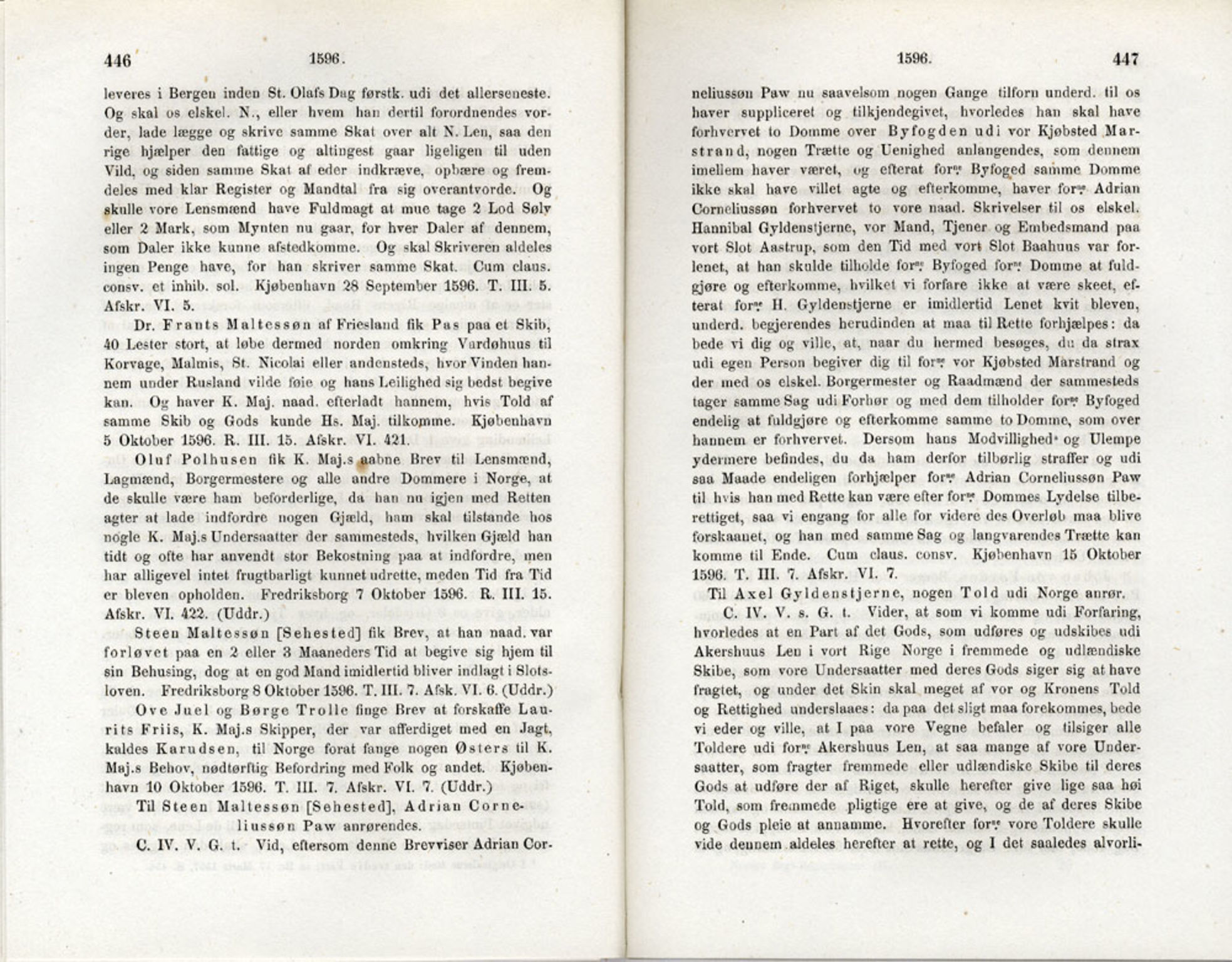 Publikasjoner utgitt av Det Norske Historiske Kildeskriftfond, PUBL/-/-/-: Norske Rigs-Registranter, bind 3, 1588-1602, p. 446-447