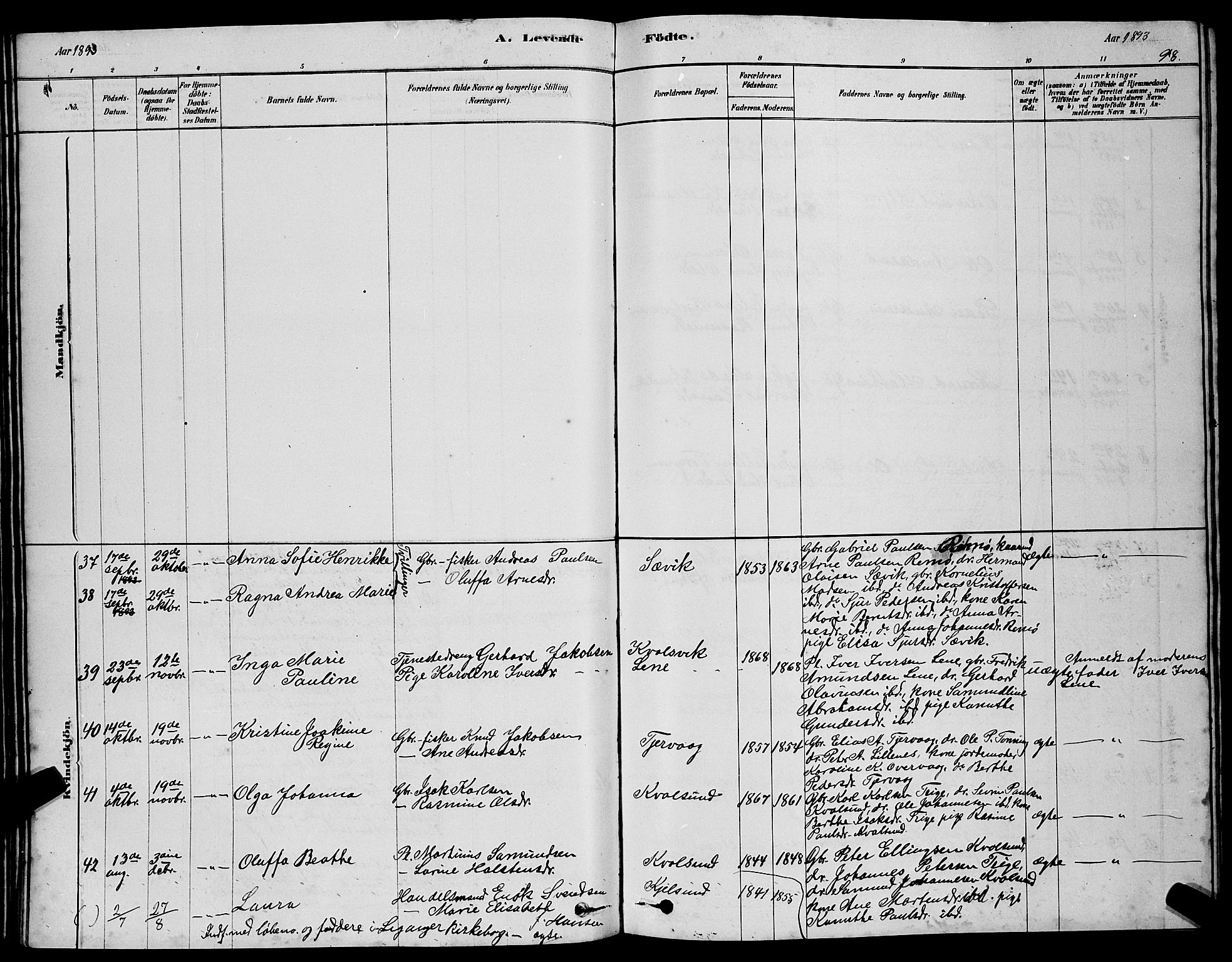 Ministerialprotokoller, klokkerbøker og fødselsregistre - Møre og Romsdal, SAT/A-1454/507/L0081: Parish register (copy) no. 507C04, 1878-1898, p. 98