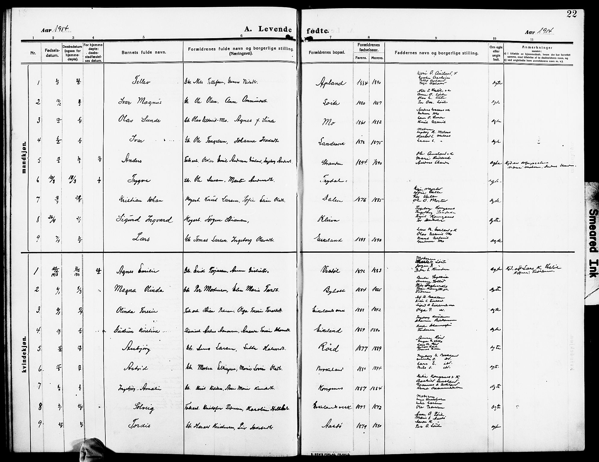 Gjerstad sokneprestkontor, AV/SAK-1111-0014/F/Fb/Fba/L0008: Parish register (copy) no. B 8, 1909-1925, p. 22