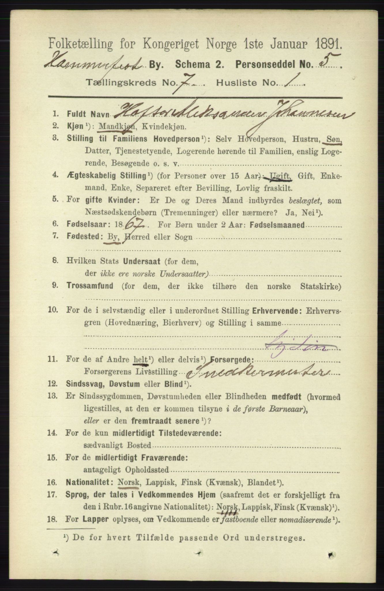 RA, 1891 census for 2001 Hammerfest, 1891, p. 2291