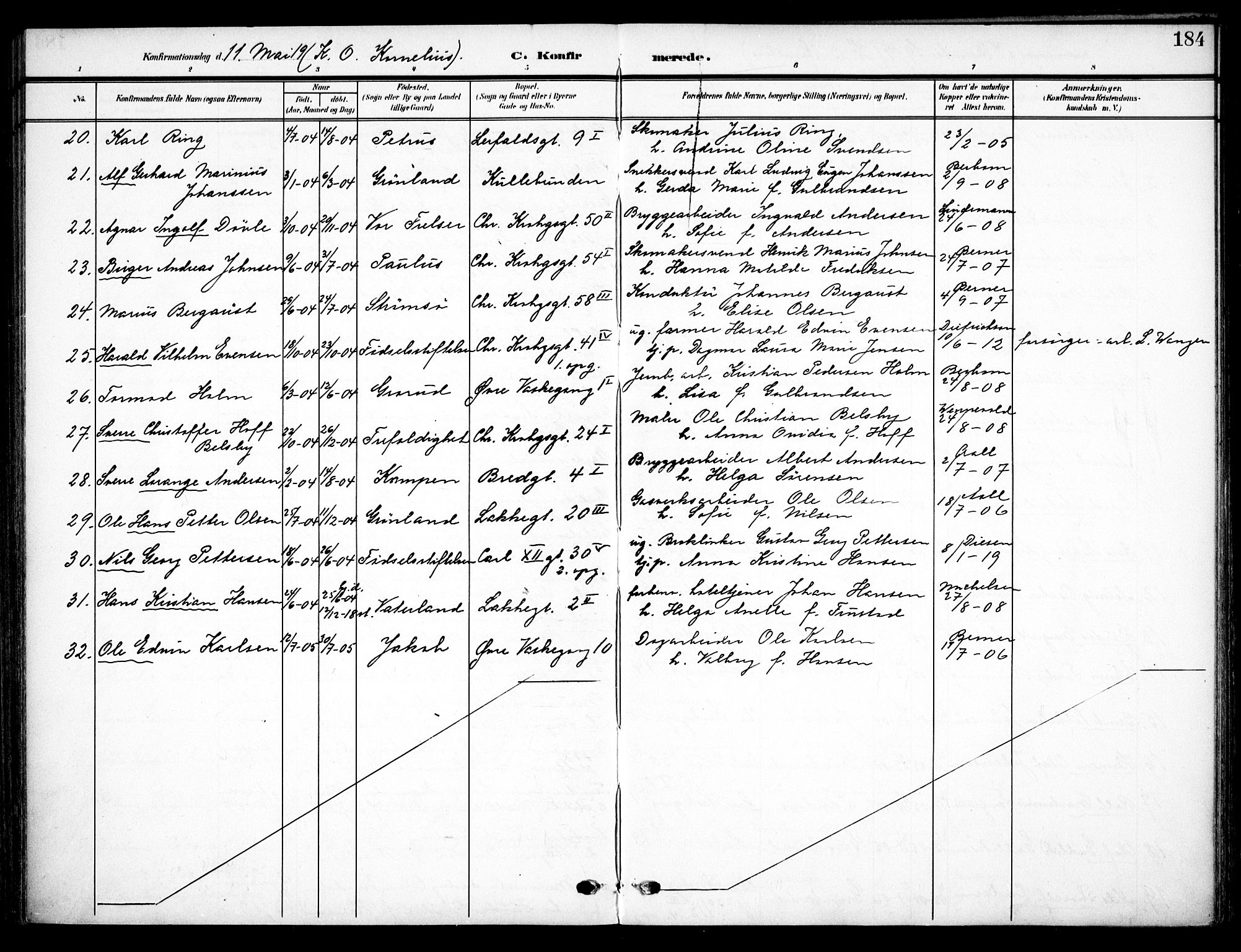 Vaterland prestekontor Kirkebøker, AV/SAO-A-10880/F/Fa/L0001: Parish register (official) no. 1, 1907-1930, p. 184