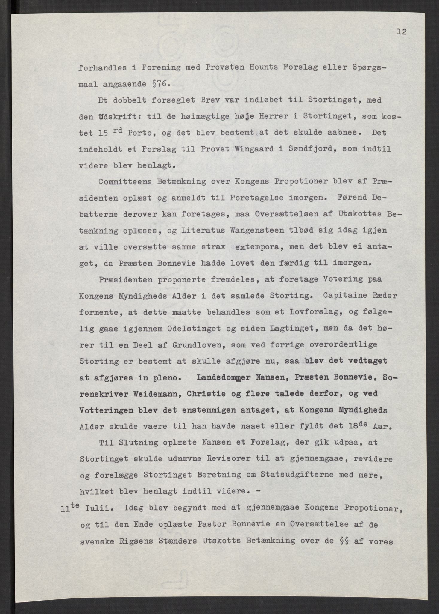 Manuskriptsamlingen, AV/RA-EA-3667/F/L0197: Wetlesen, Hans Jørgen (stortingsmann, ingeniørkaptein); Referat fra Stortinget 1815-1816, 1815-1816, p. 12