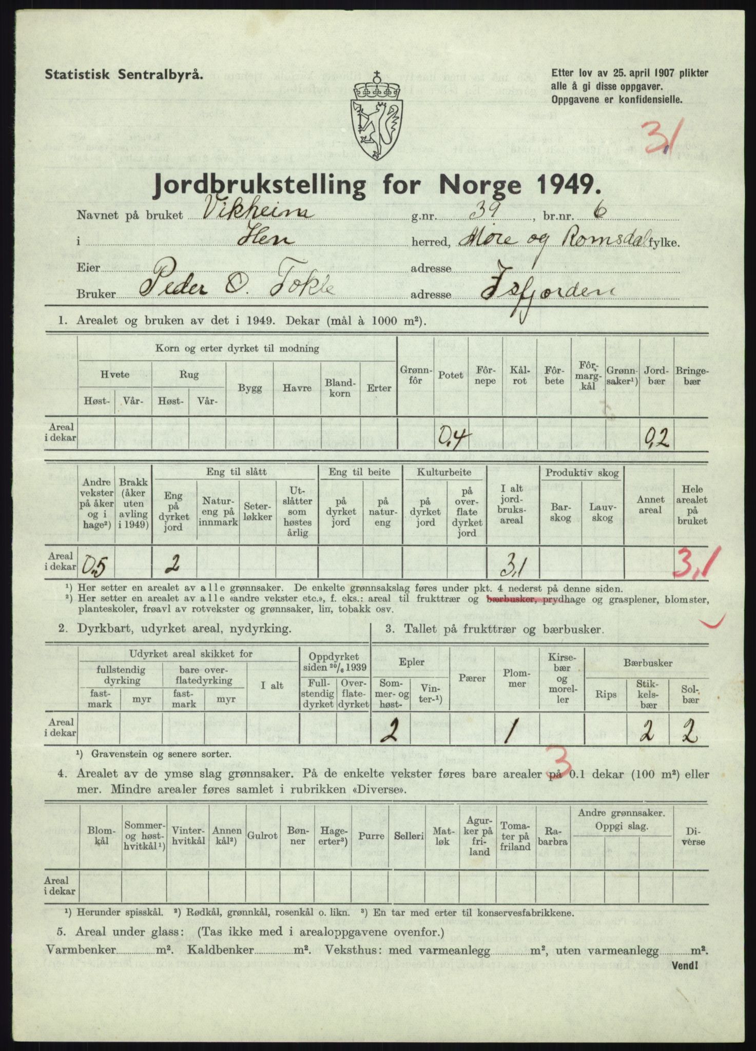 Statistisk sentralbyrå, Næringsøkonomiske emner, Jordbruk, skogbruk, jakt, fiske og fangst, AV/RA-S-2234/G/Gc/L0323: Møre og Romsdal: Grytten og Hen, 1949, p. 509