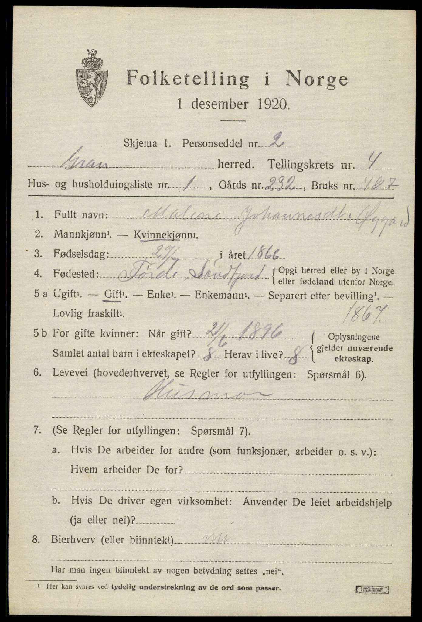 SAH, 1920 census for Gran, 1920, p. 6340